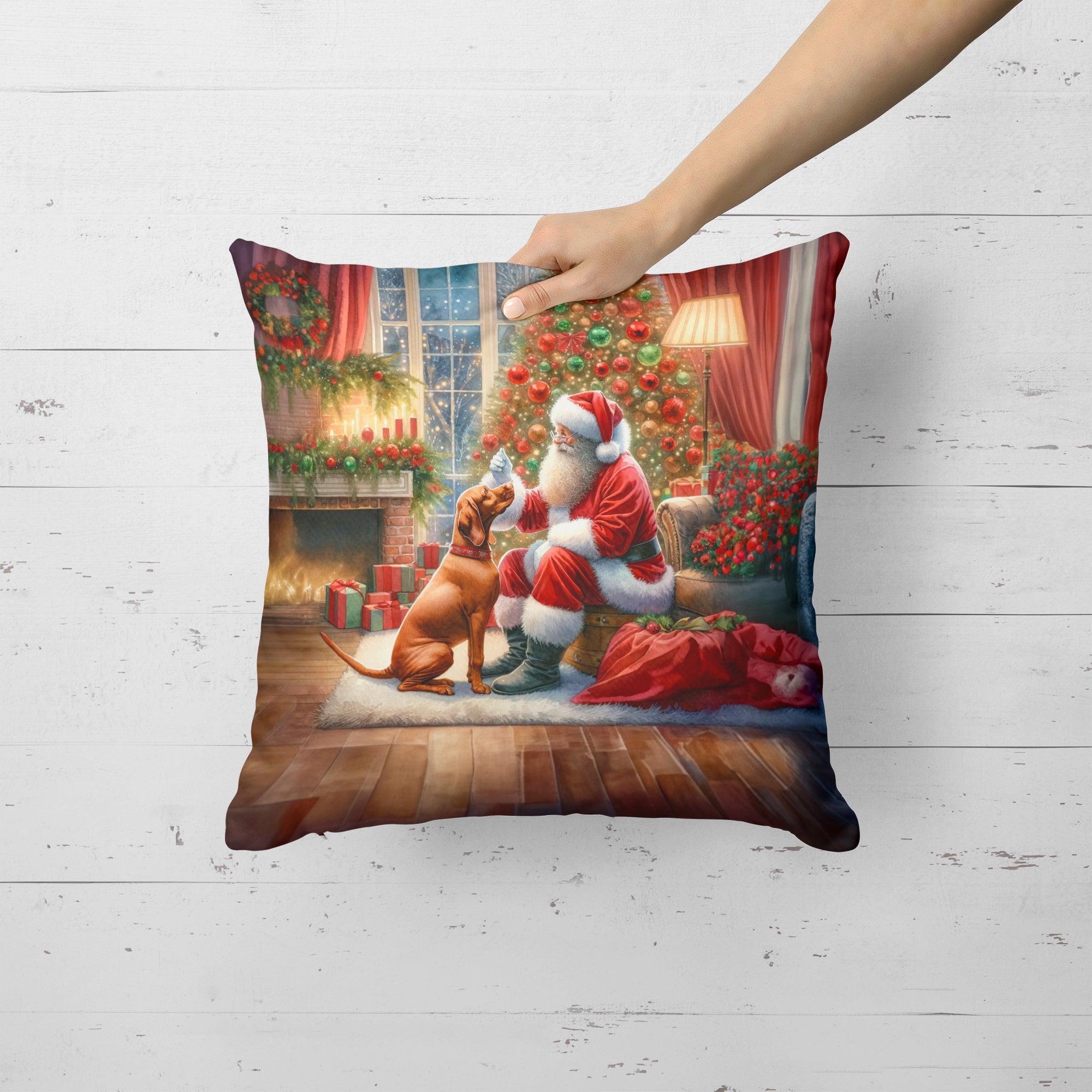 Vizsla and Santa Claus Throw Pillow LUNESCAPE