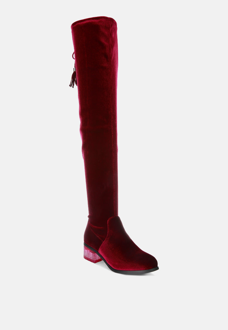 Rumple Velvet Over the Knee Clear Heel Boots LUNESCAPE