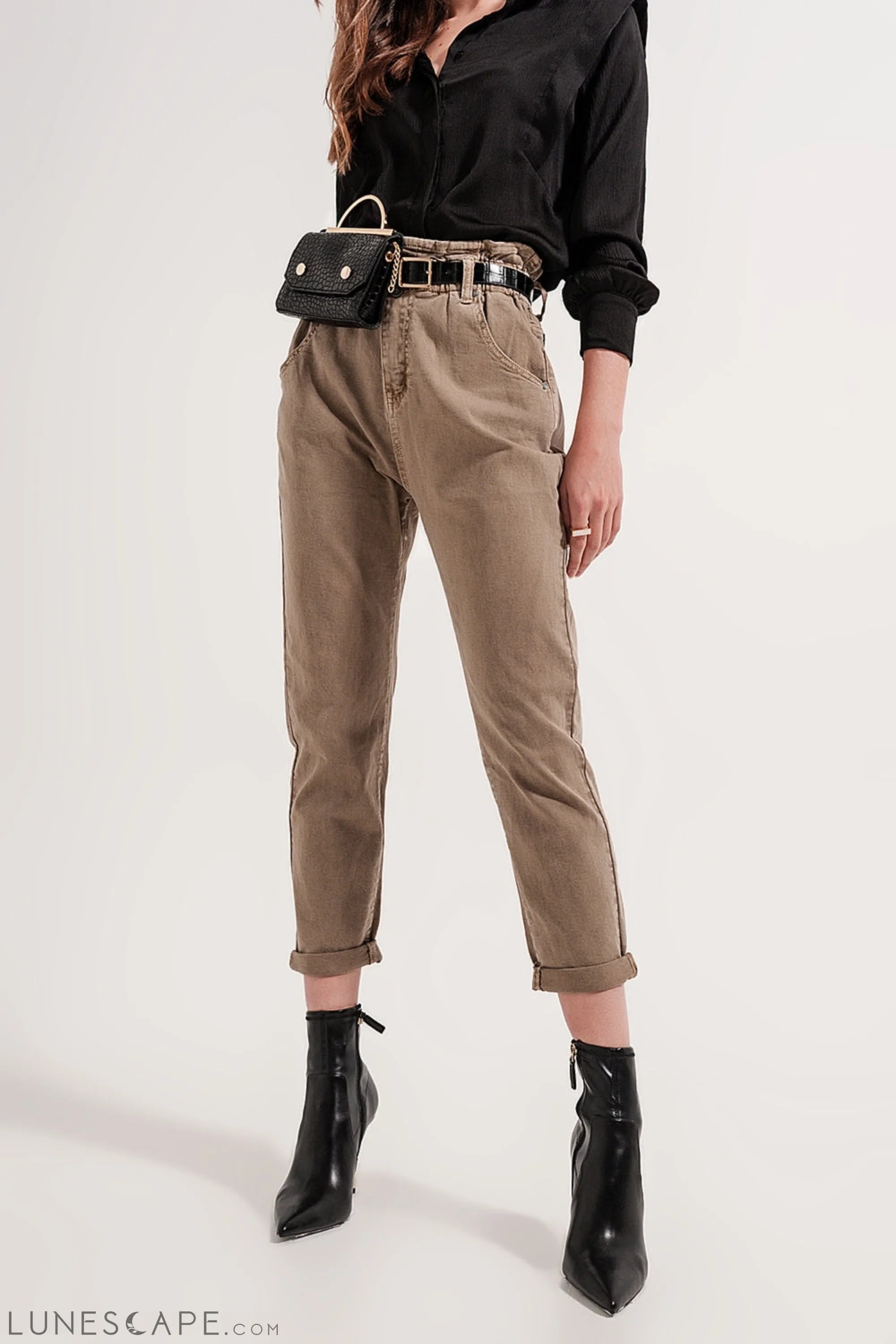 Elasticated Paper Bag Waist Jean in Beige LUNESCAPE