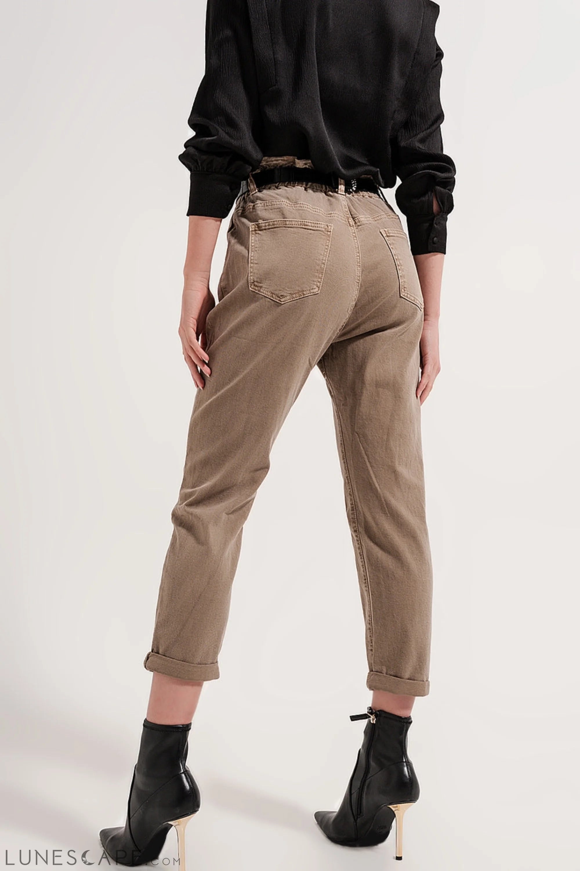 Elasticated Paper Bag Waist Jean in Beige LUNESCAPE