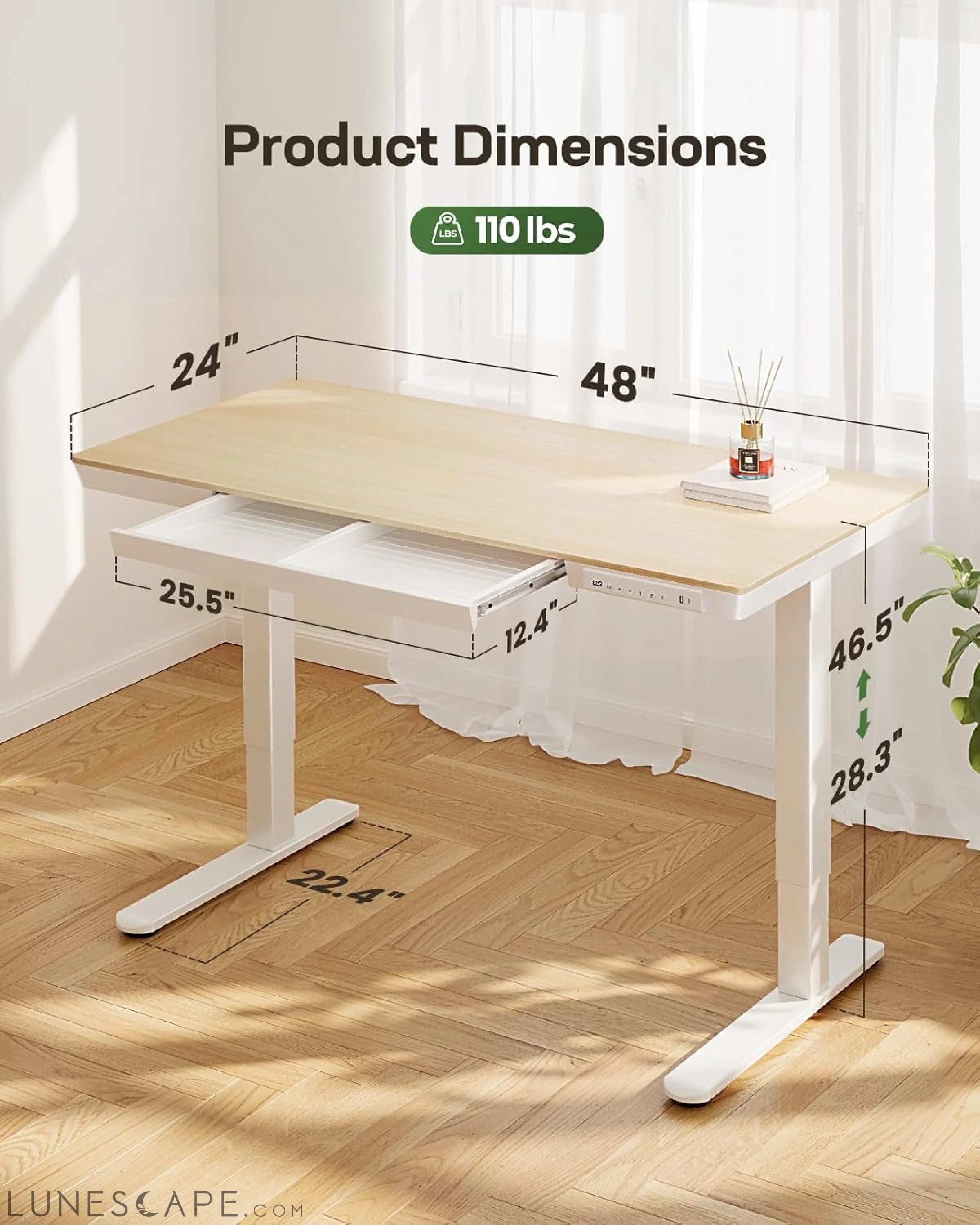 Electric Solid Standing Desk, 48 X 24 Inch Standing Desk with Drawer, LUNESCAPE