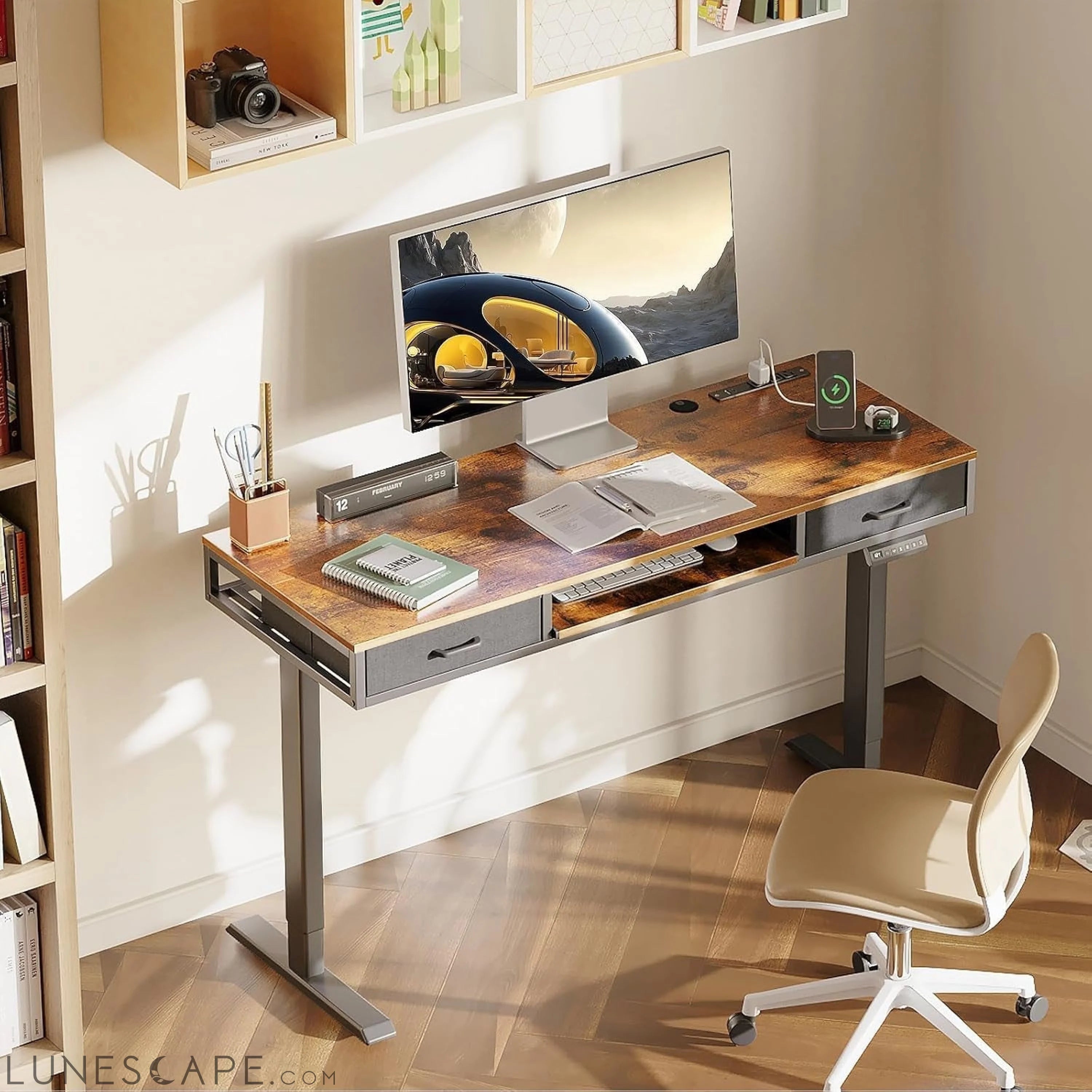 Electric Standing Desk with Drawers & Keyboard Tray, 55 Inch Height LUNESCAPE