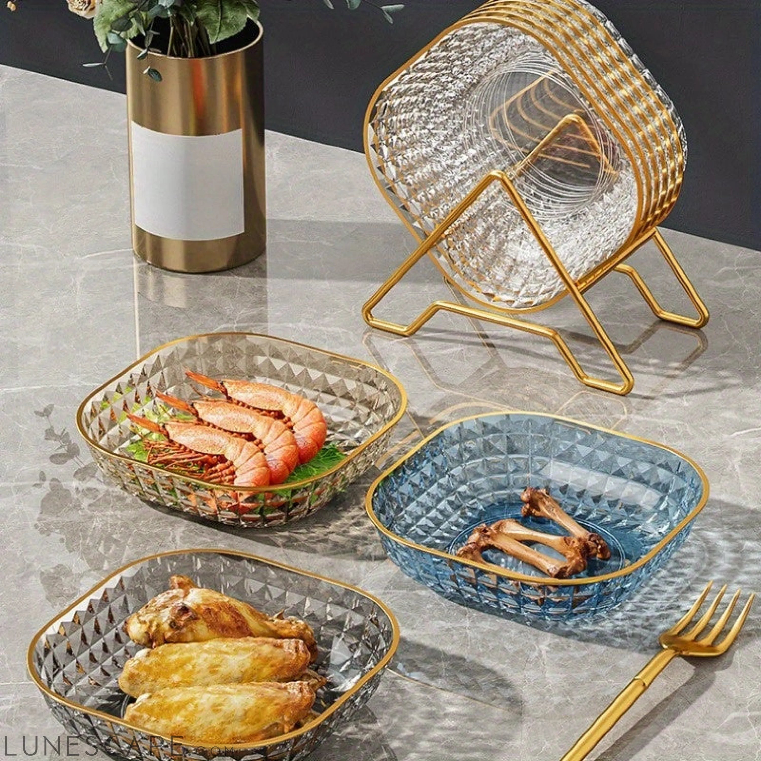 Elegant 4Piece Fruit and Dessert Bowl Set with Gold Rim LUNESCAPE