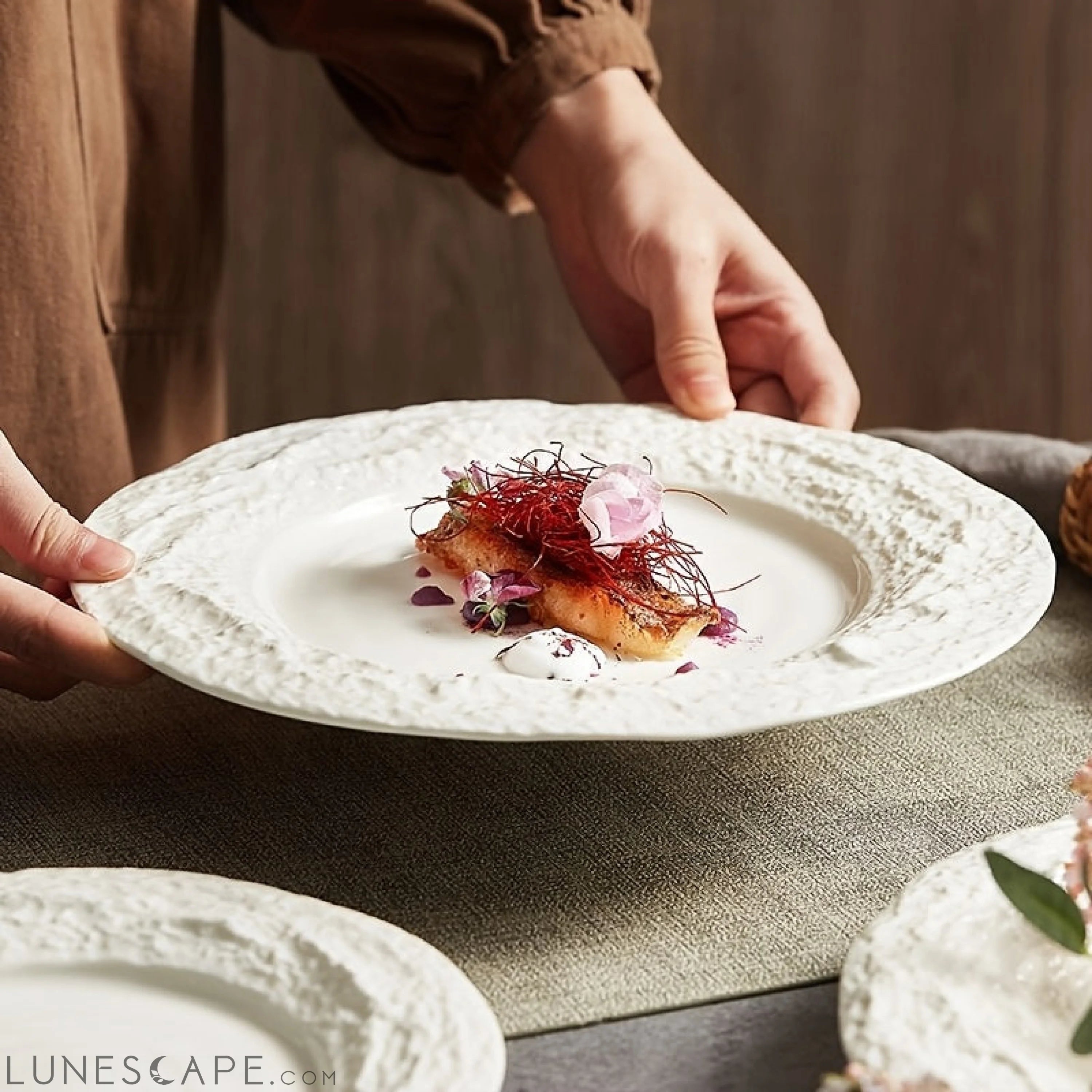 Elegant European Ceramic Dinner Plate with Relief Pattern LUNESCAPE