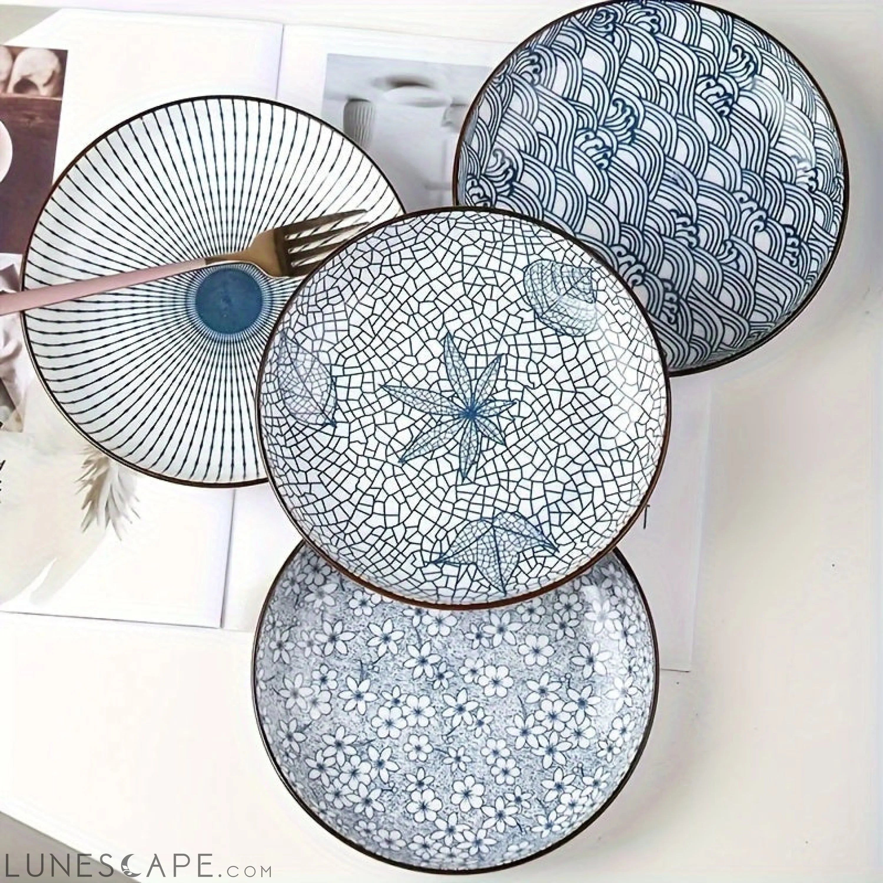 Elegant Japanese Ceramic Dinner Plate  Floral  Geometric Design LUNESCAPE