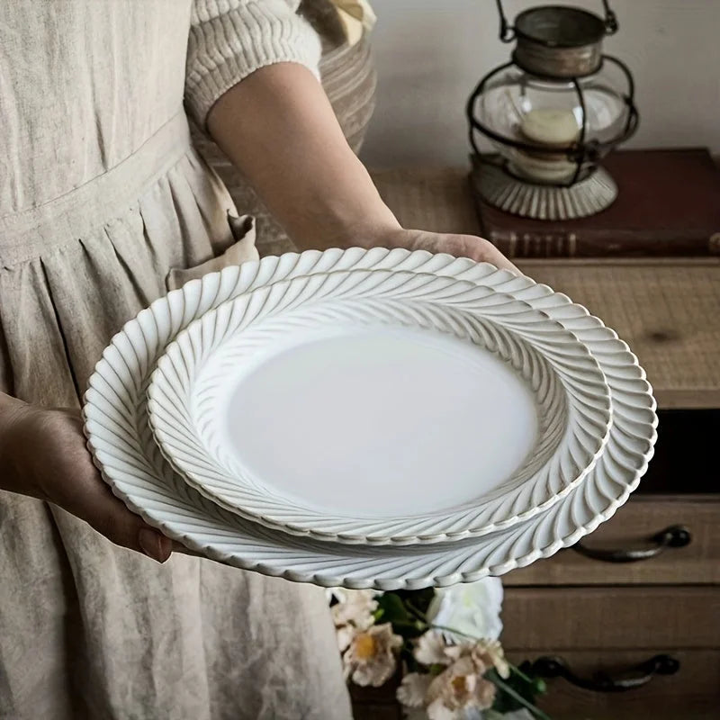 Elegant Vintage Floral Embossed Ceramic Dinner Plates LUNESCAPE