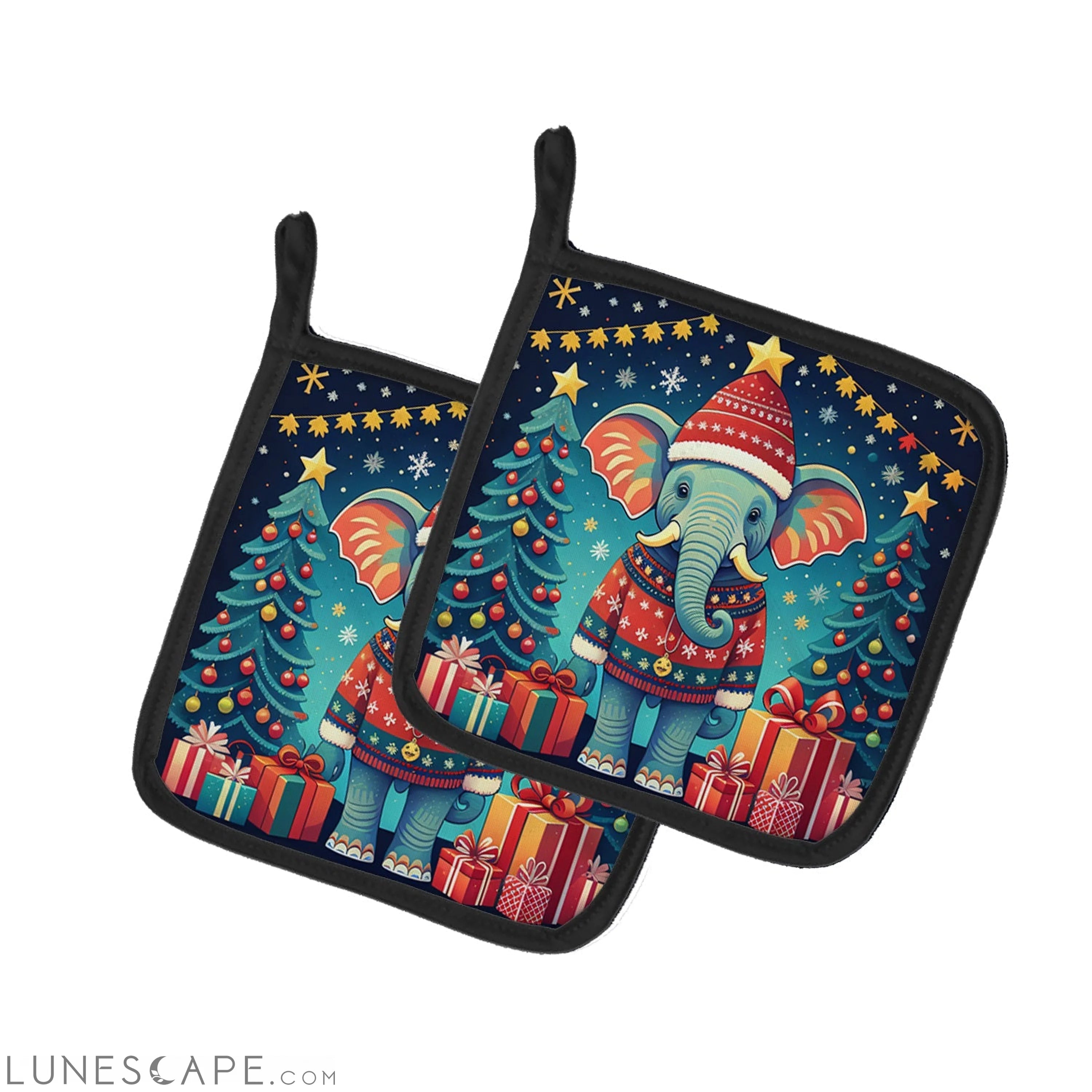 Elephant Christmas Pair of Pot Holders LUNESCAPE