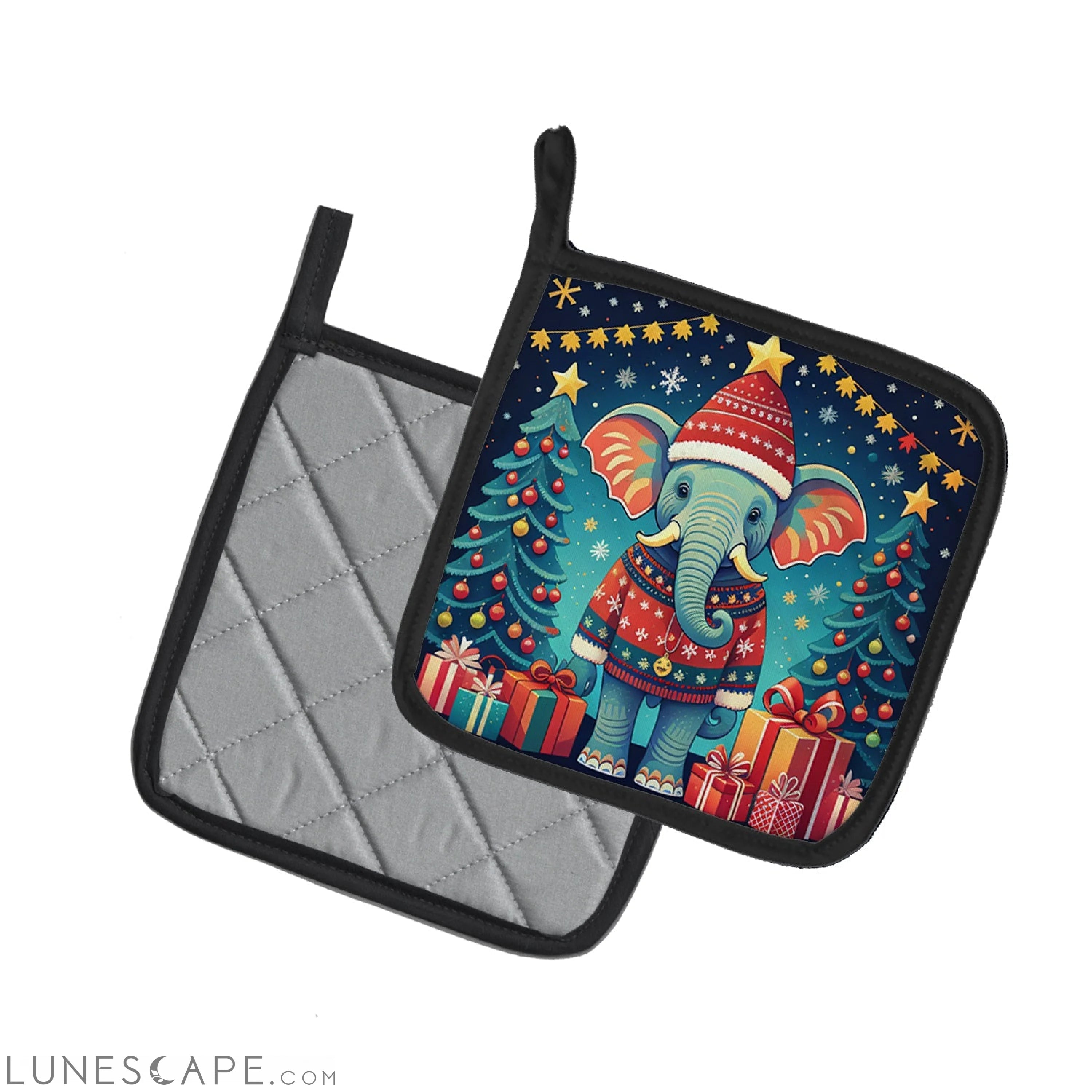 Elephant Christmas Pair of Pot Holders LUNESCAPE