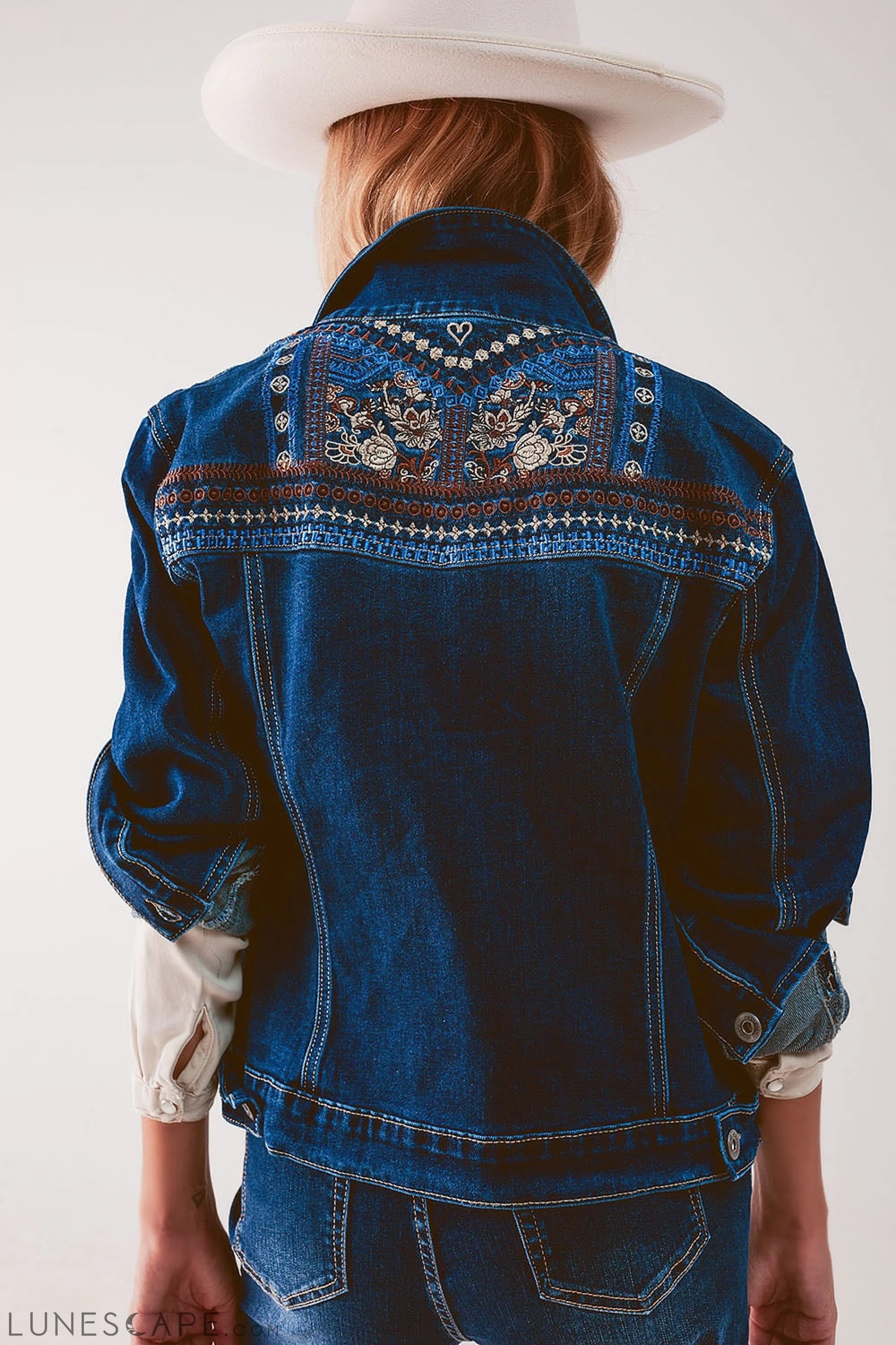 Embroided Back Denim Jacket in Dark Blue LUNESCAPE