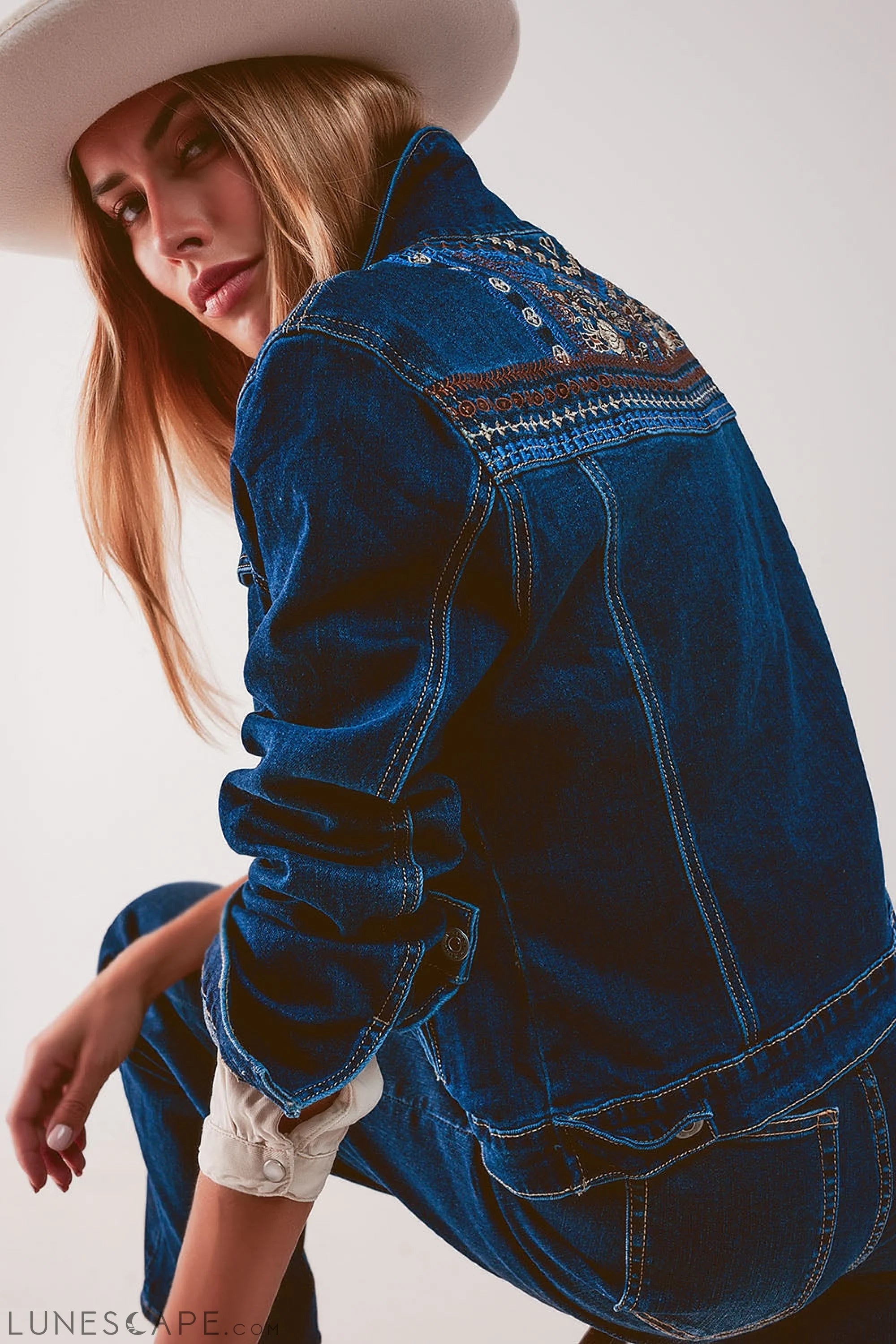 Embroided Back Denim Jacket in Dark Blue LUNESCAPE