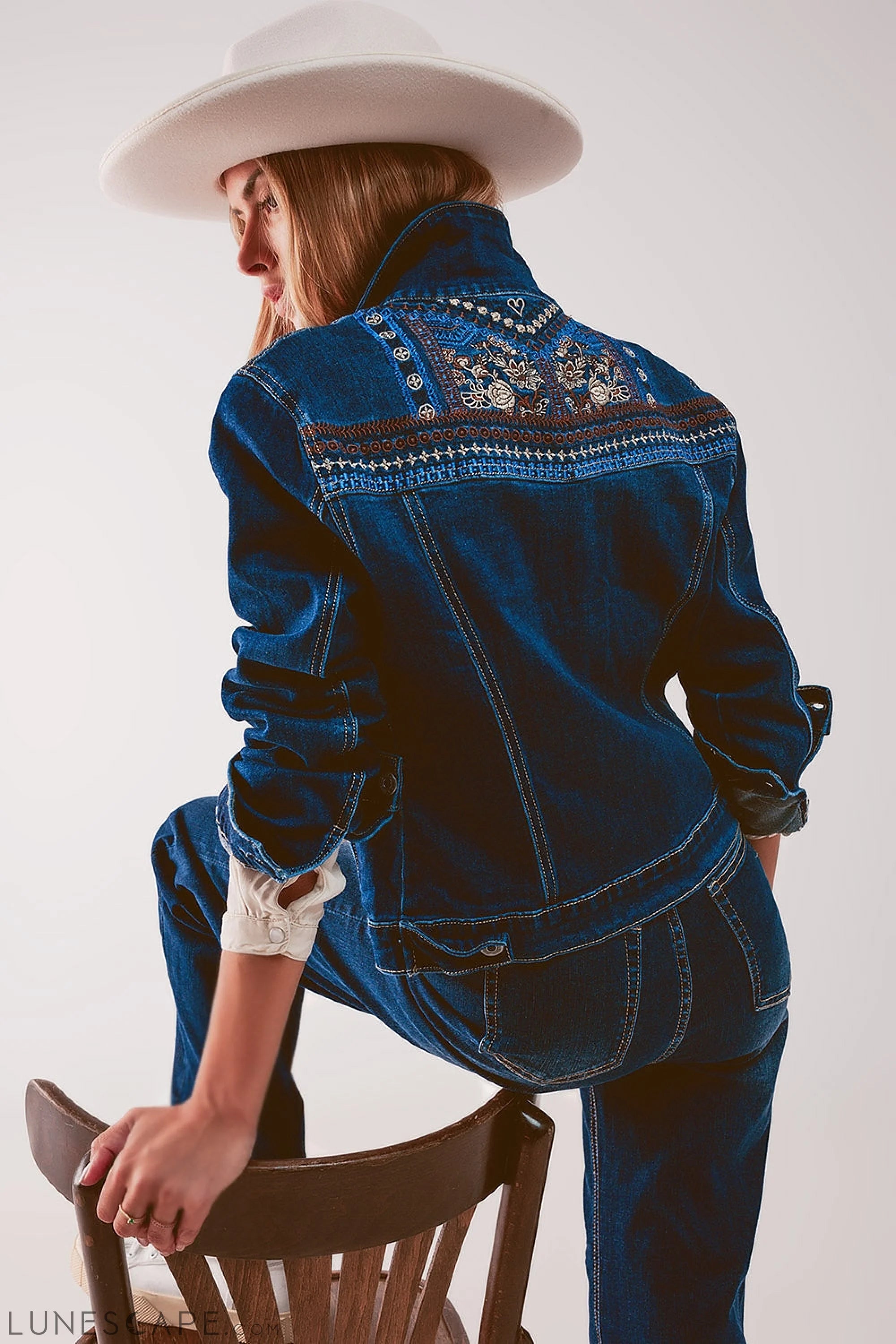 Embroided Back Denim Jacket in Dark Blue LUNESCAPE