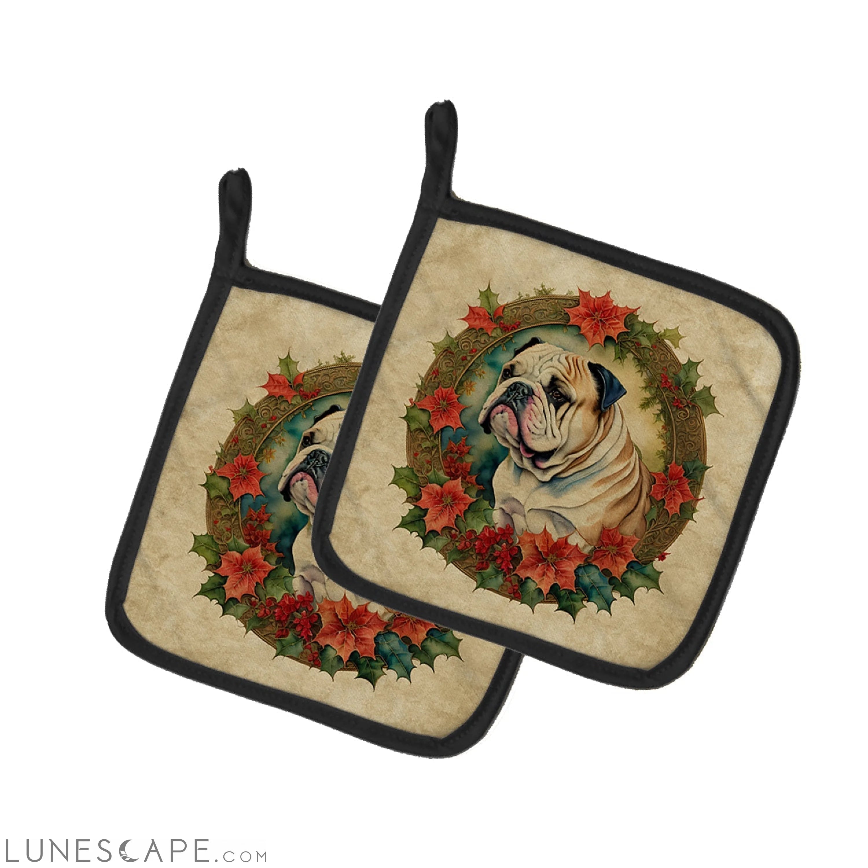 English Bulldog Christmas Flowers Pair of Pot Holders LUNESCAPE