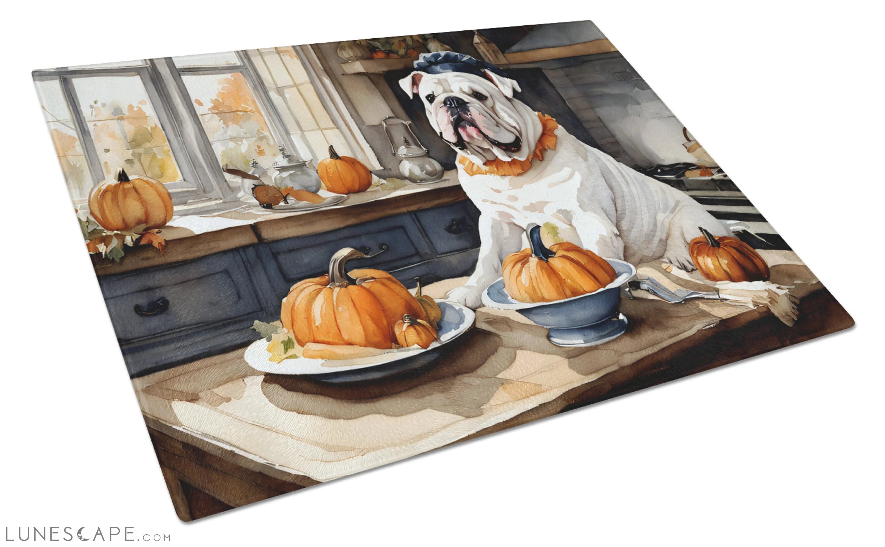 English Bulldog Fall Thanksgiving Kitchen Pumpkins Glass Cutting Board LUNESCAPE