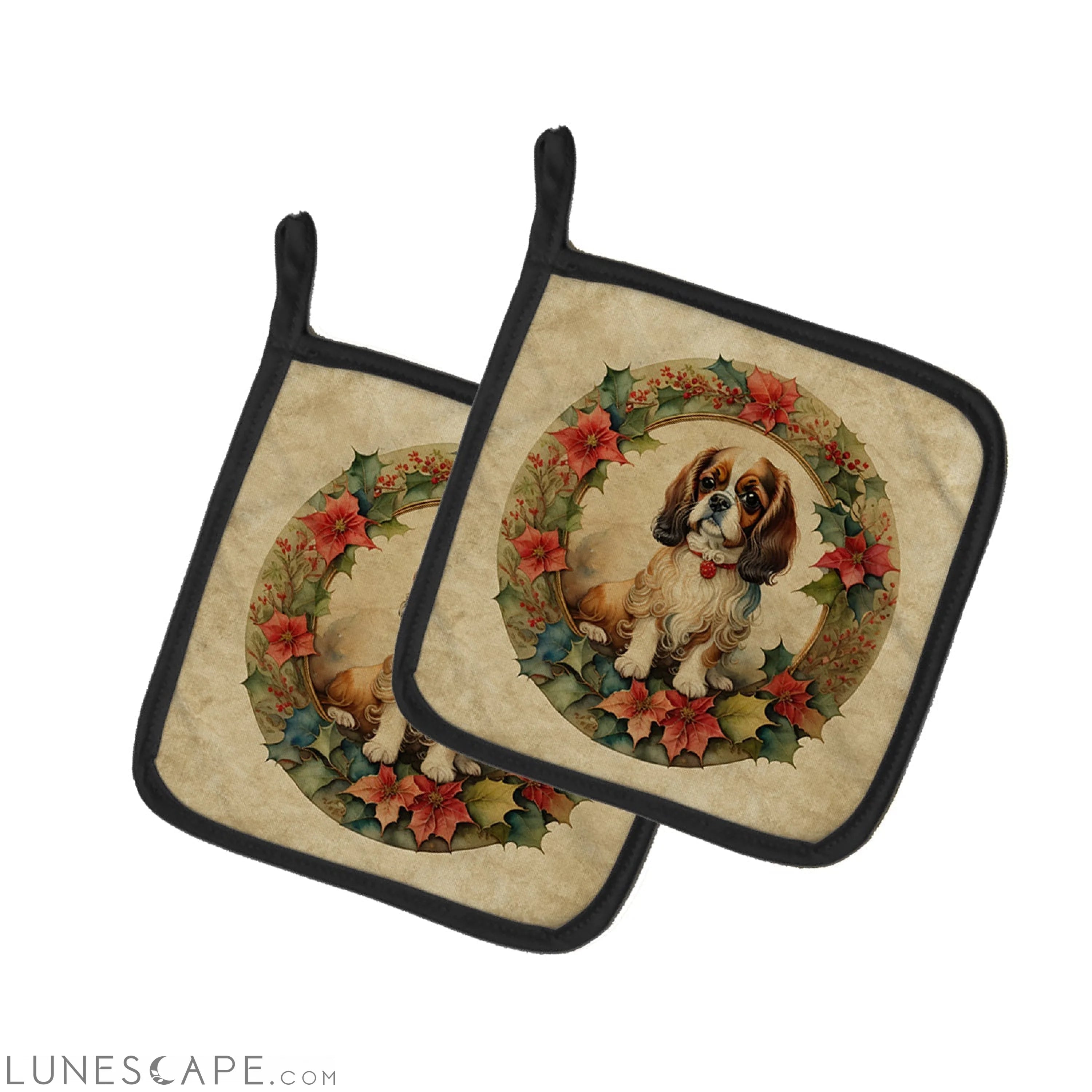 English Toy Spaniel Christmas Flowers Pair of Pot Holders LUNESCAPE