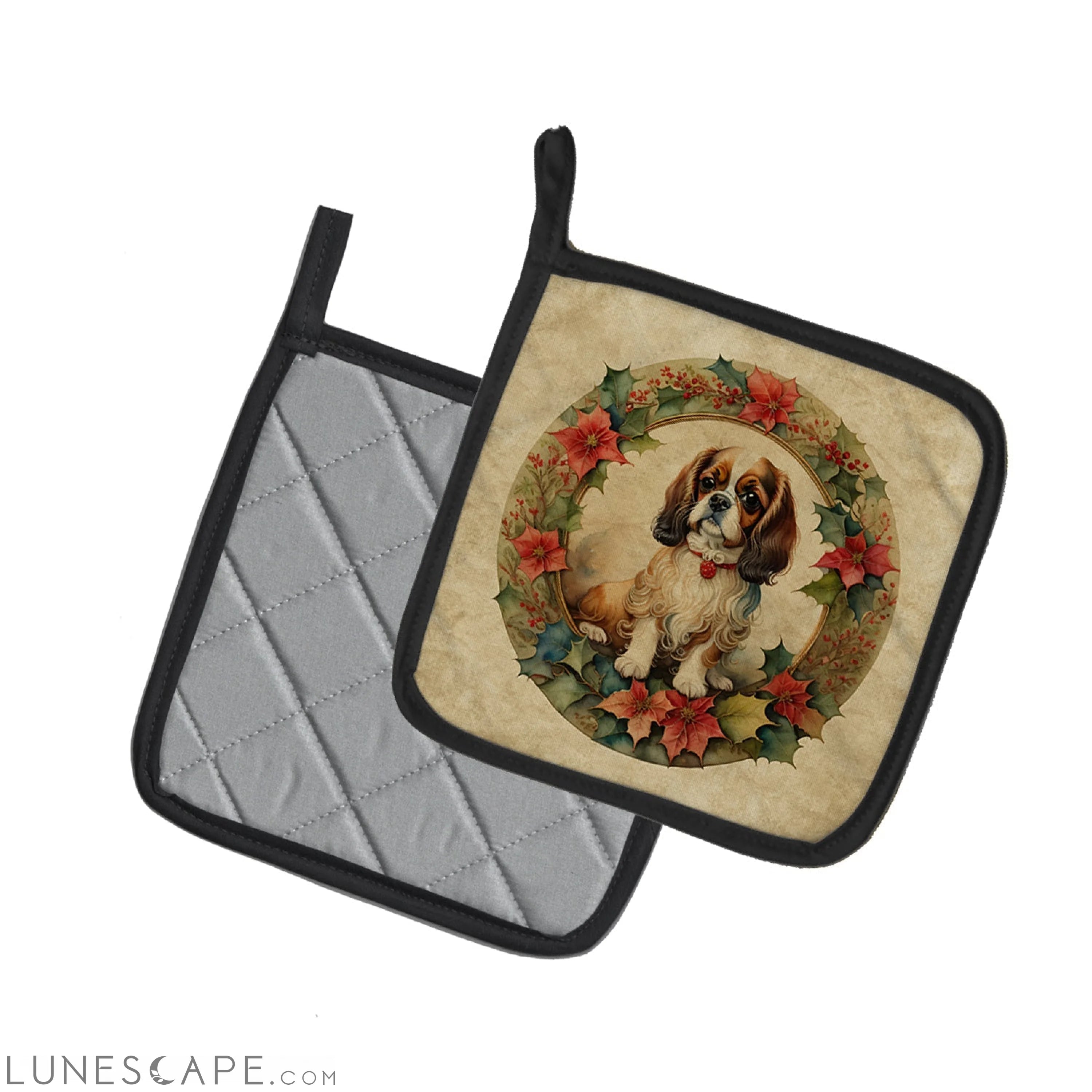 English Toy Spaniel Christmas Flowers Pair of Pot Holders LUNESCAPE