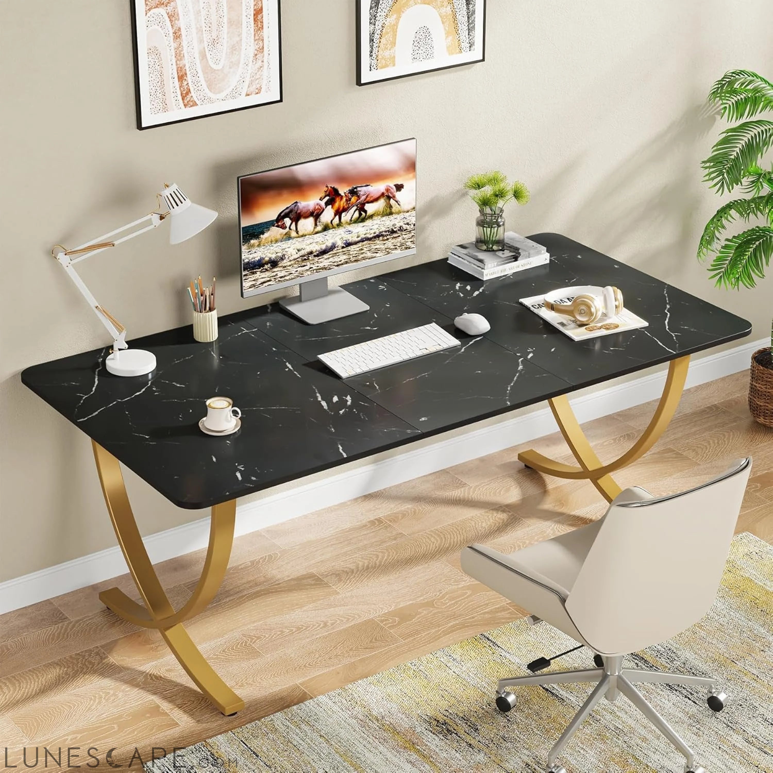Executive Desk, 63” W X 31.5” D Large Office Desk, Modern Computer LUNESCAPE