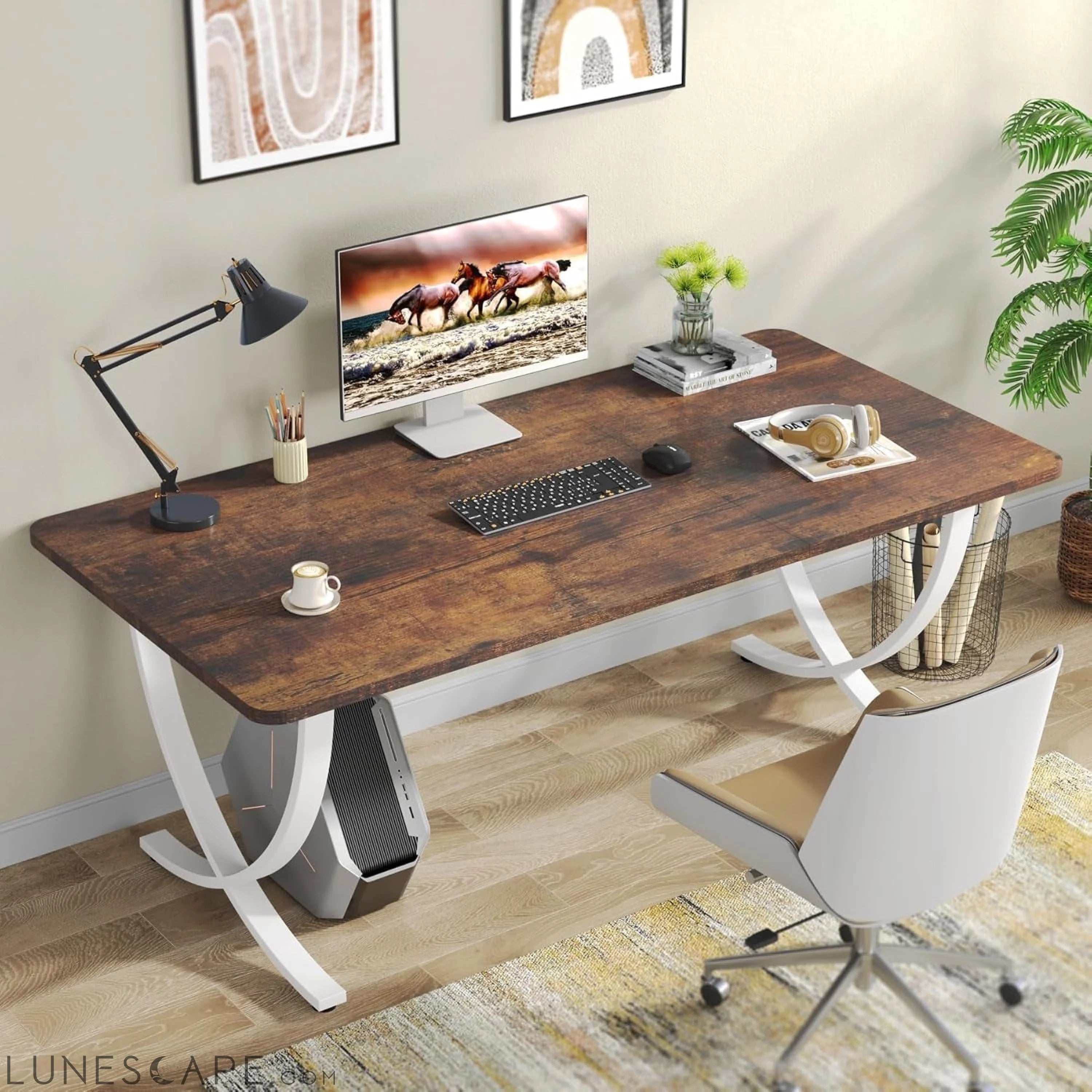 Executive Desk, 63” W X 31.5” D Large Office Desk, Modern Computer LUNESCAPE