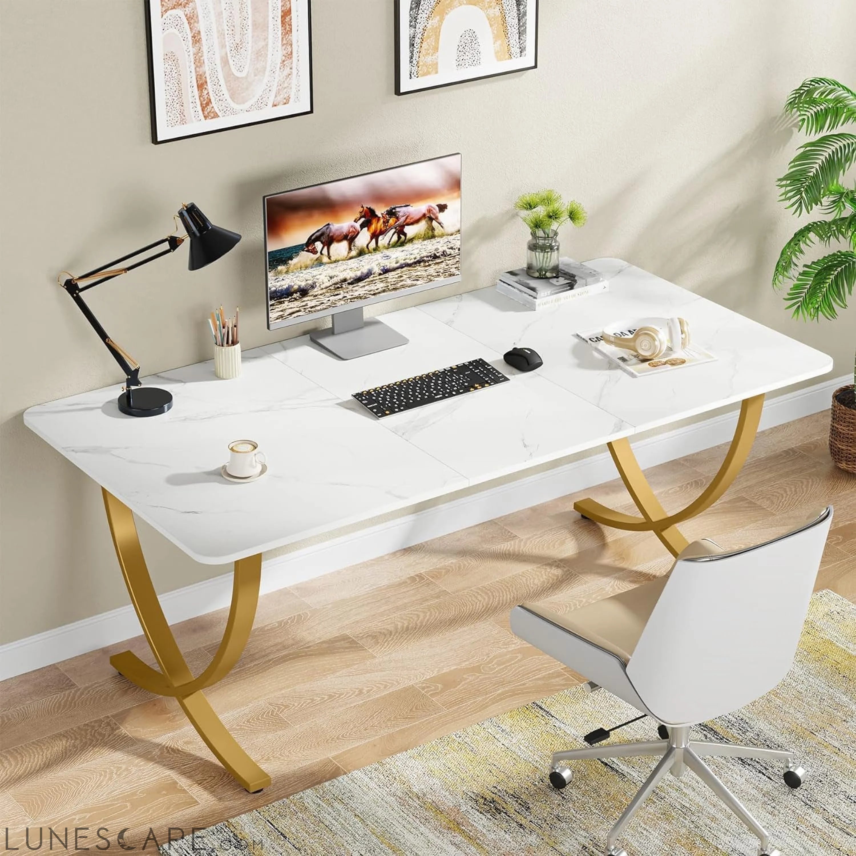Executive Desk, 63” W X 31.5” D Large Office Desk, Modern Computer LUNESCAPE