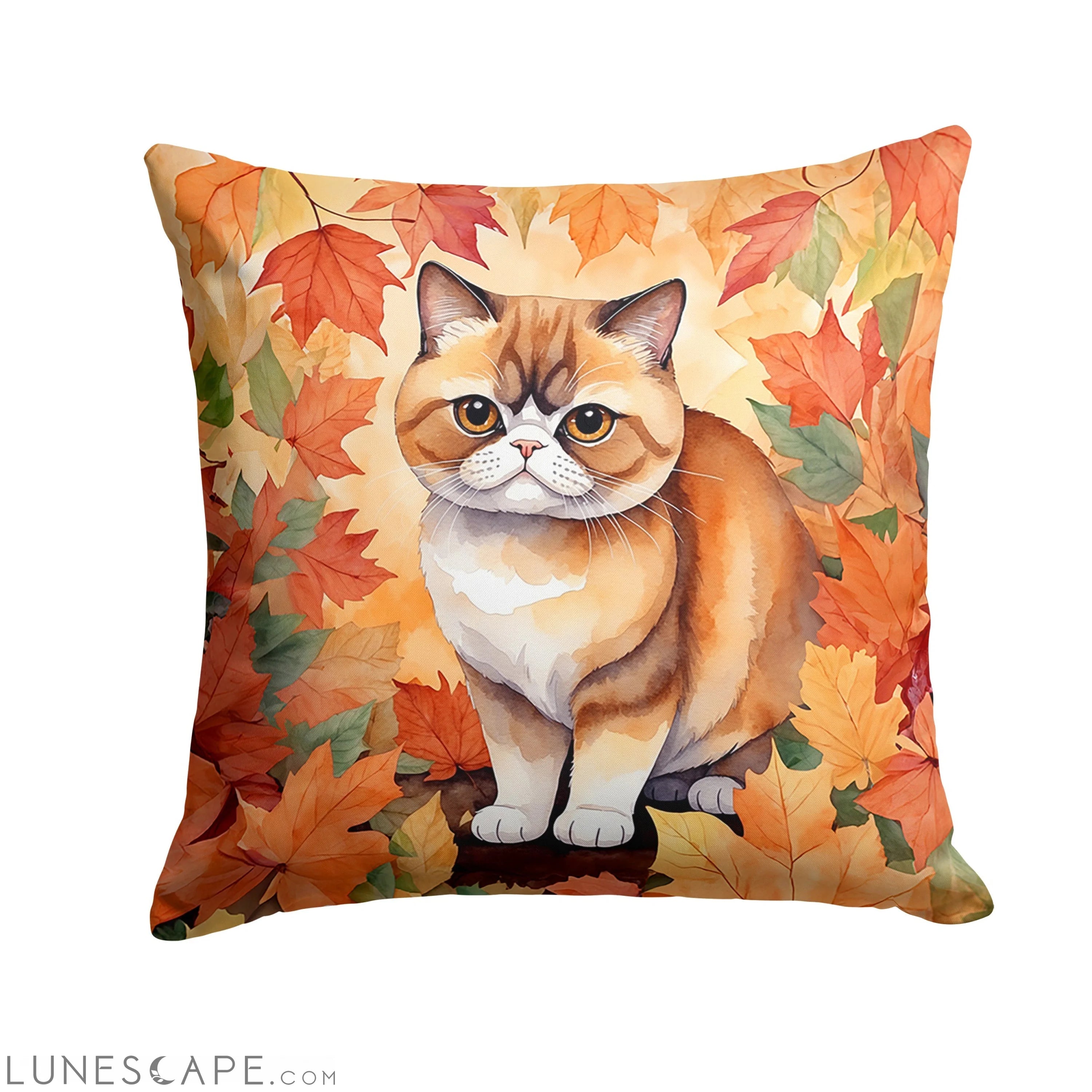 Exotic Shorthair Cat in Fall Leaves Throw Pillow LUNESCAPE