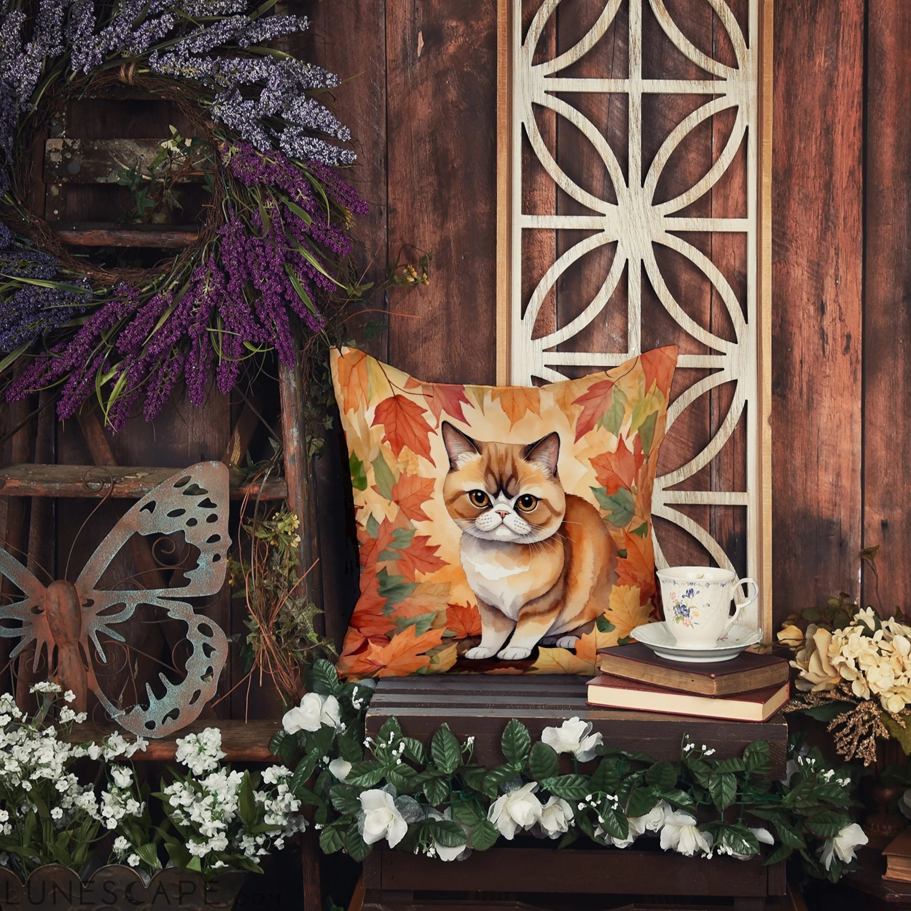 Exotic Shorthair Cat in Fall Leaves Throw Pillow LUNESCAPE