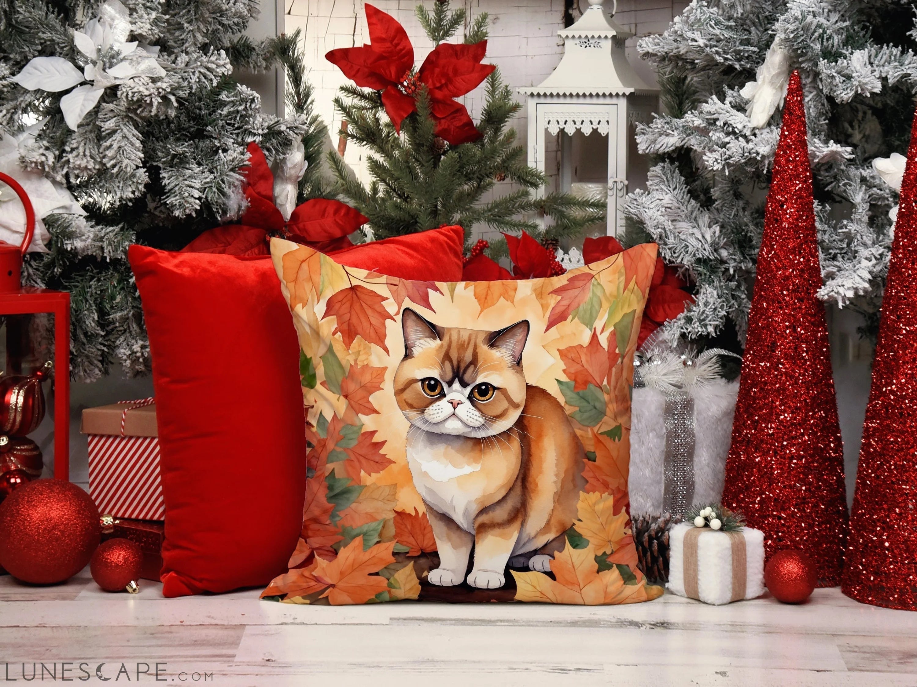 Exotic Shorthair Cat in Fall Leaves Throw Pillow LUNESCAPE