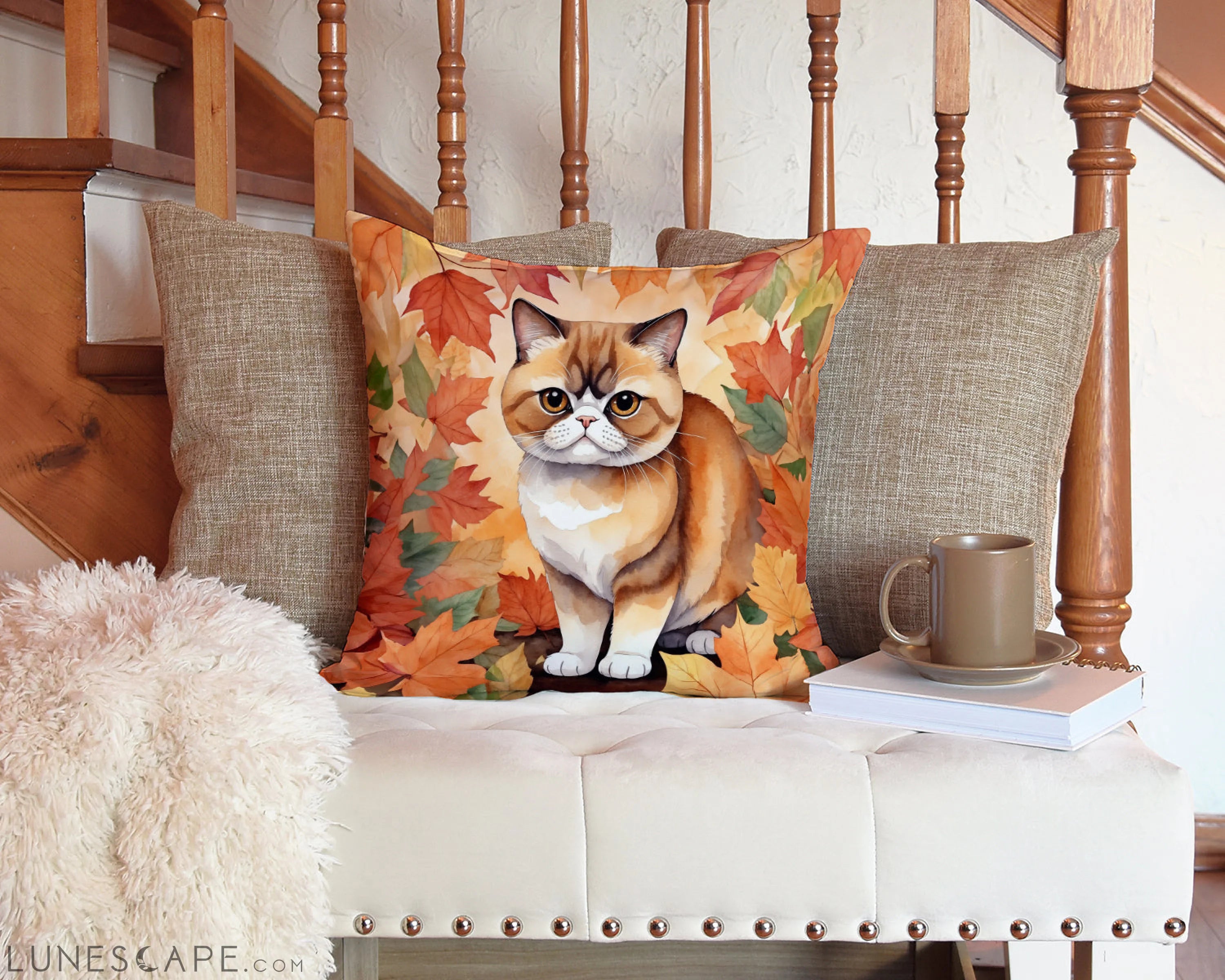 Exotic Shorthair Cat in Fall Leaves Throw Pillow LUNESCAPE