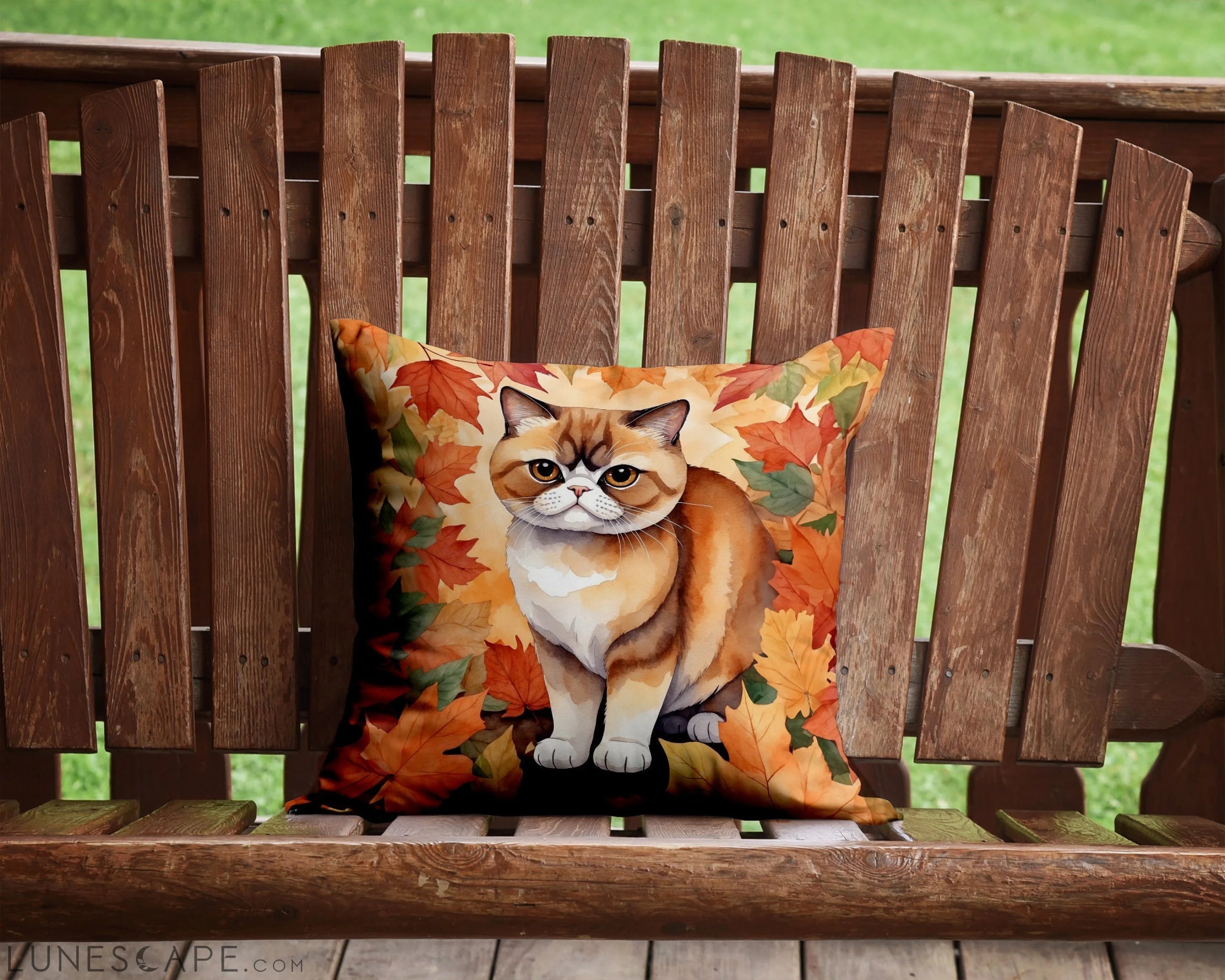 Exotic Shorthair Cat in Fall Leaves Throw Pillow LUNESCAPE