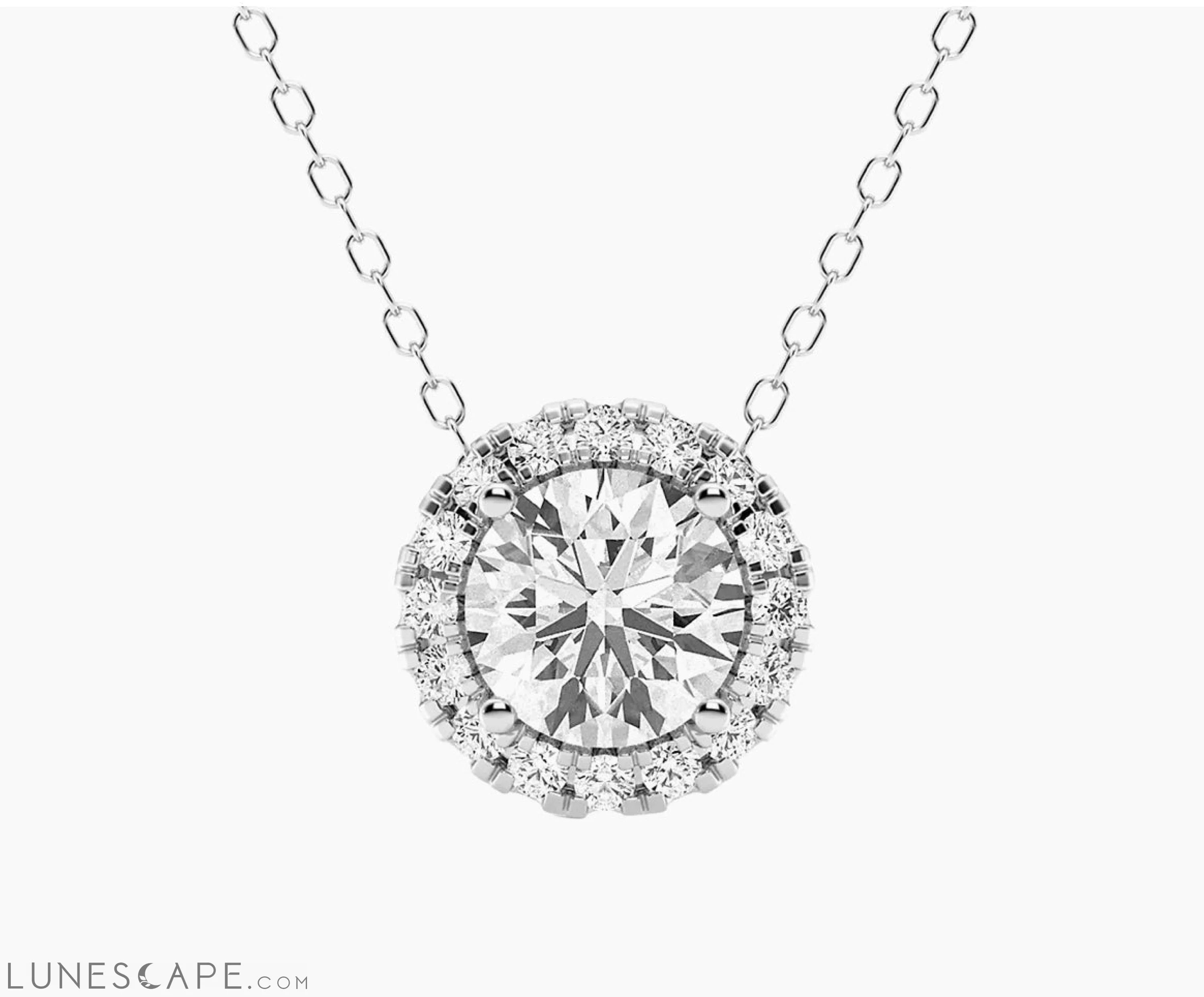 Exquisite Diamond (G/Vs) Halo Pendant Necklace in 14kt White Gold LUNESCAPE