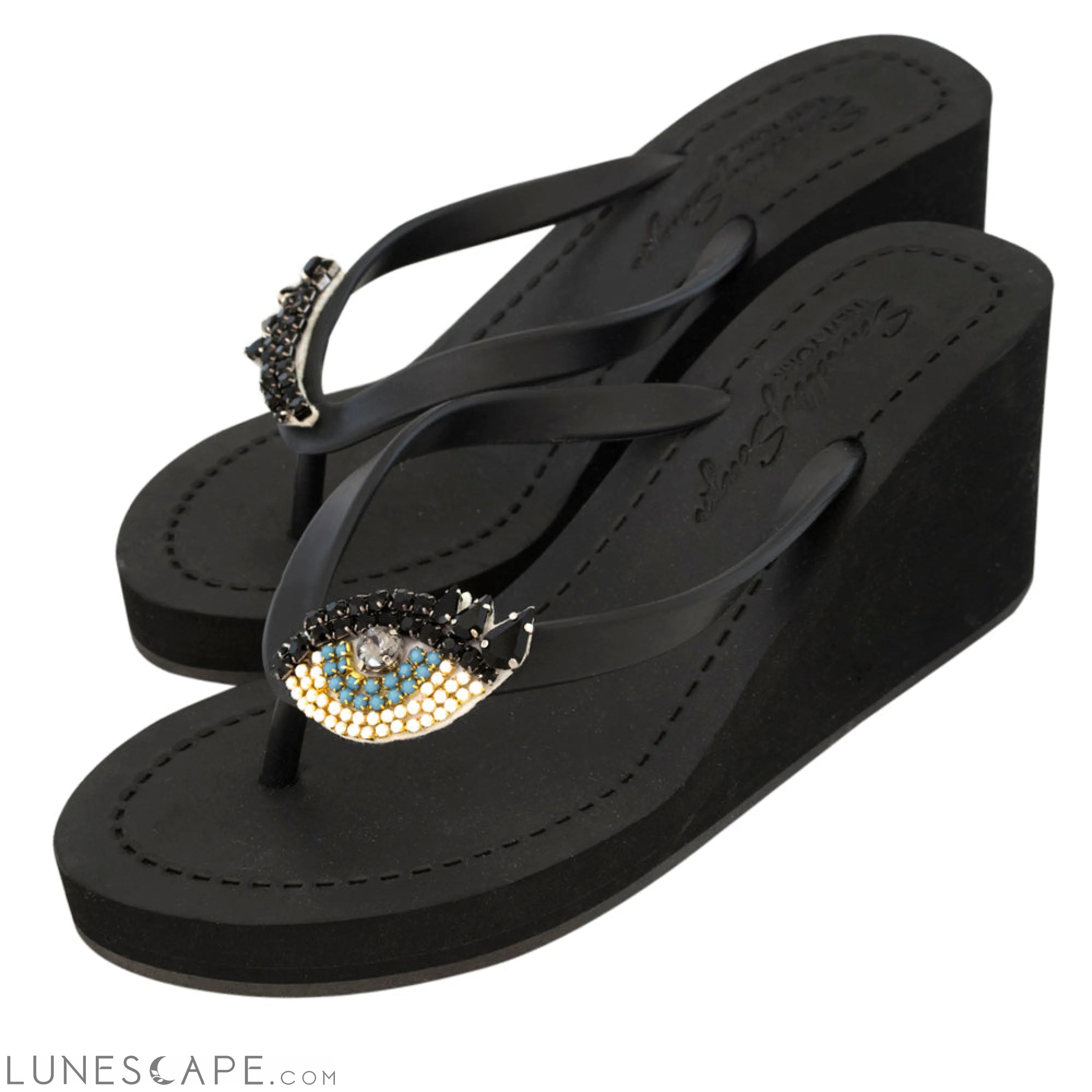 Eyes - Rhine Stone Embellished Women's High Wedge Flip Flops Sandal LUNESCAPE