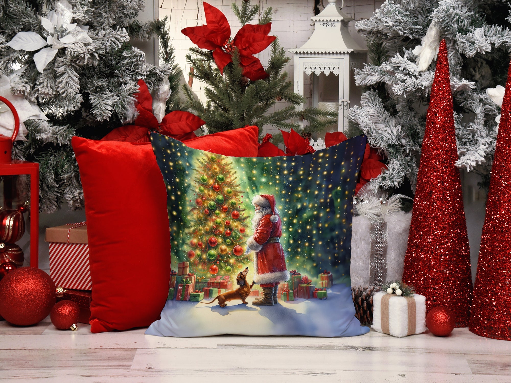 Dachshund and Santa Claus Throw Pillow LUNESCAPE