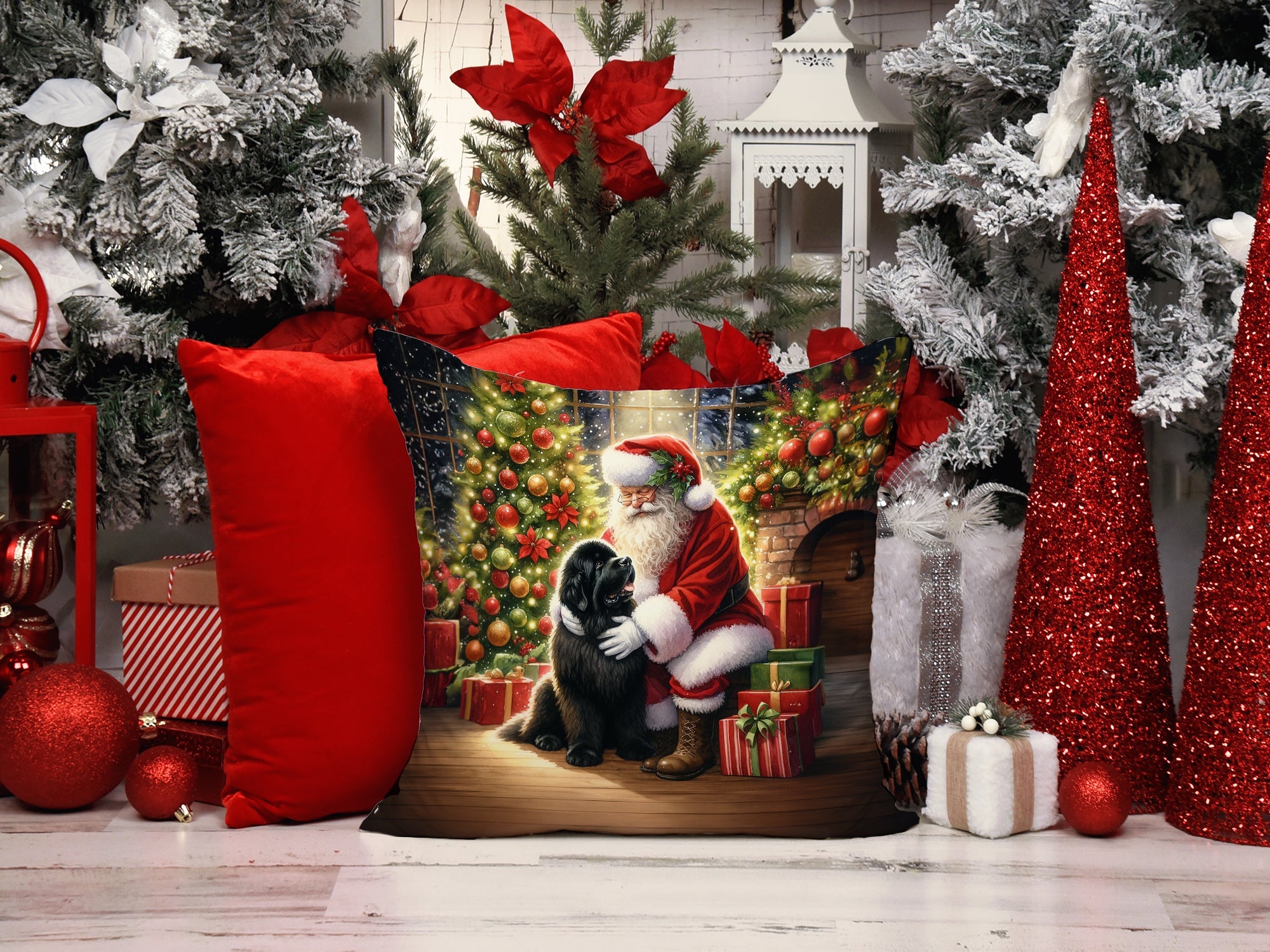 Newfoundland and Santa Claus Throw Pillow LUNESCAPE