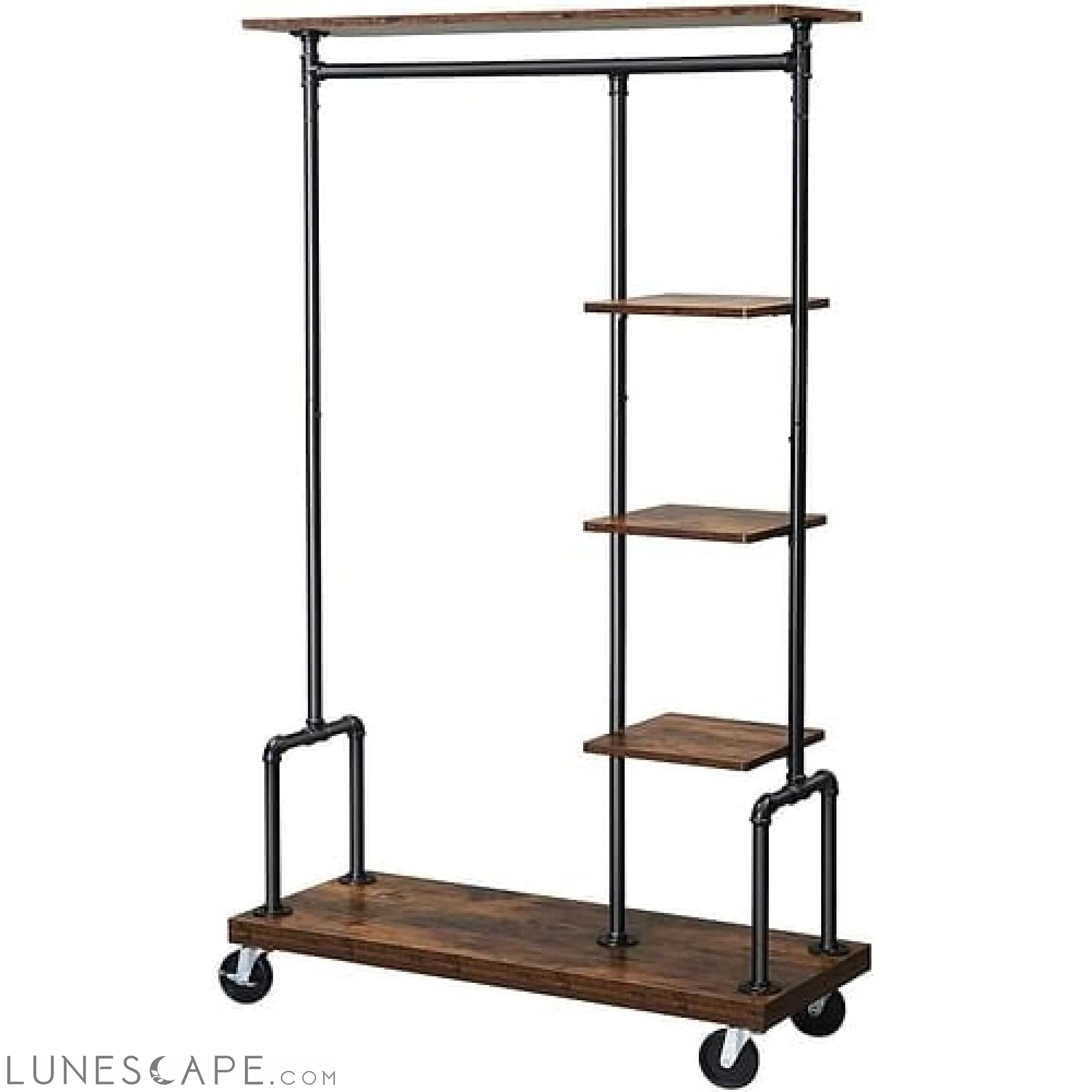 Farmhouse 5 Tier Laundry Pipe Garment Closet Rack Wheels LUNESCAPE