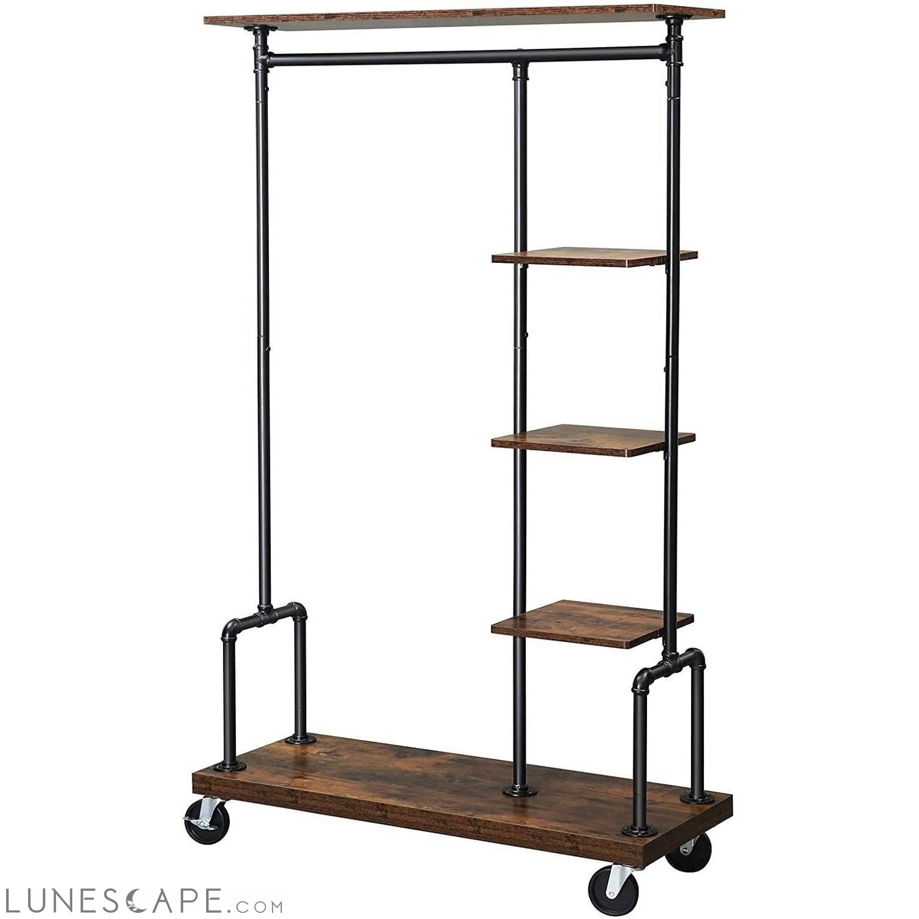 Farmhouse 5 Tier Laundry Pipe Garment Closet Rack Wheels LUNESCAPE