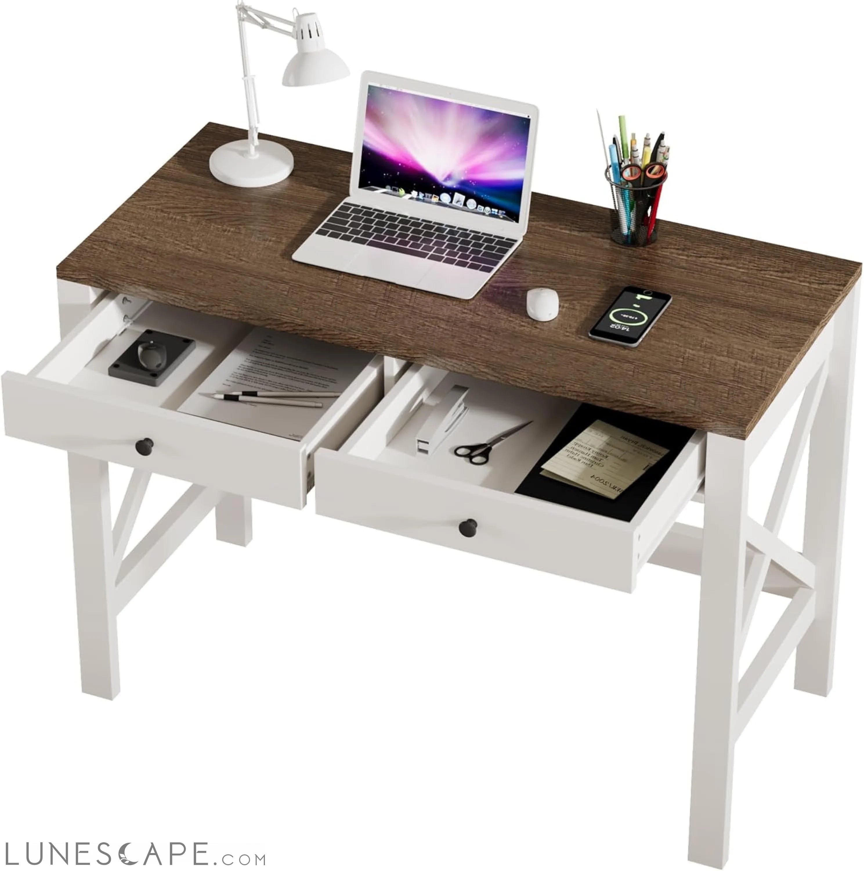 Farmhouse Desk 39" Computer Desk with Drawers, Small Study Writing LUNESCAPE