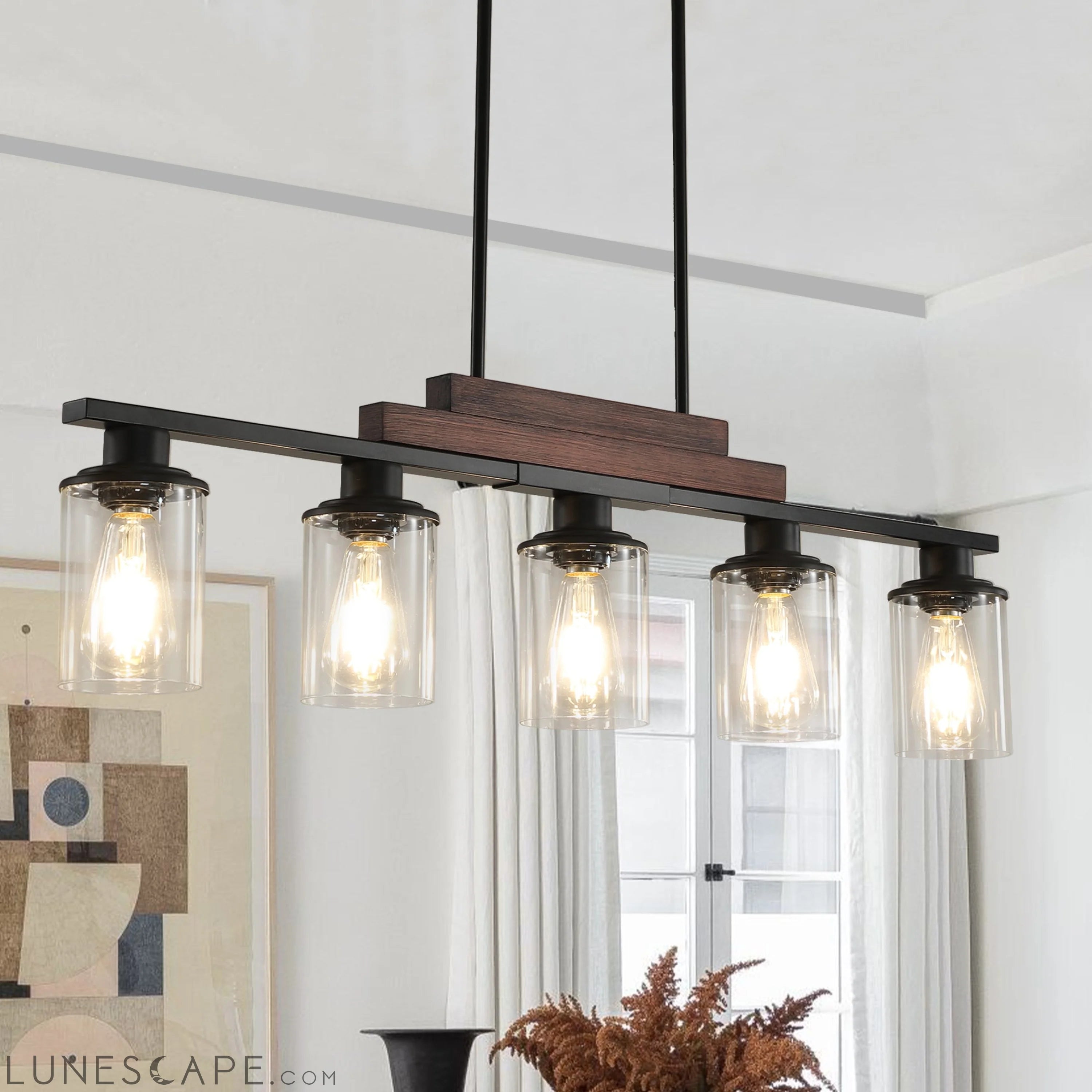 Farmhouse Industrial 5-Light Kitchen Island Pendant Light, Metal Wood LUNESCAPE
