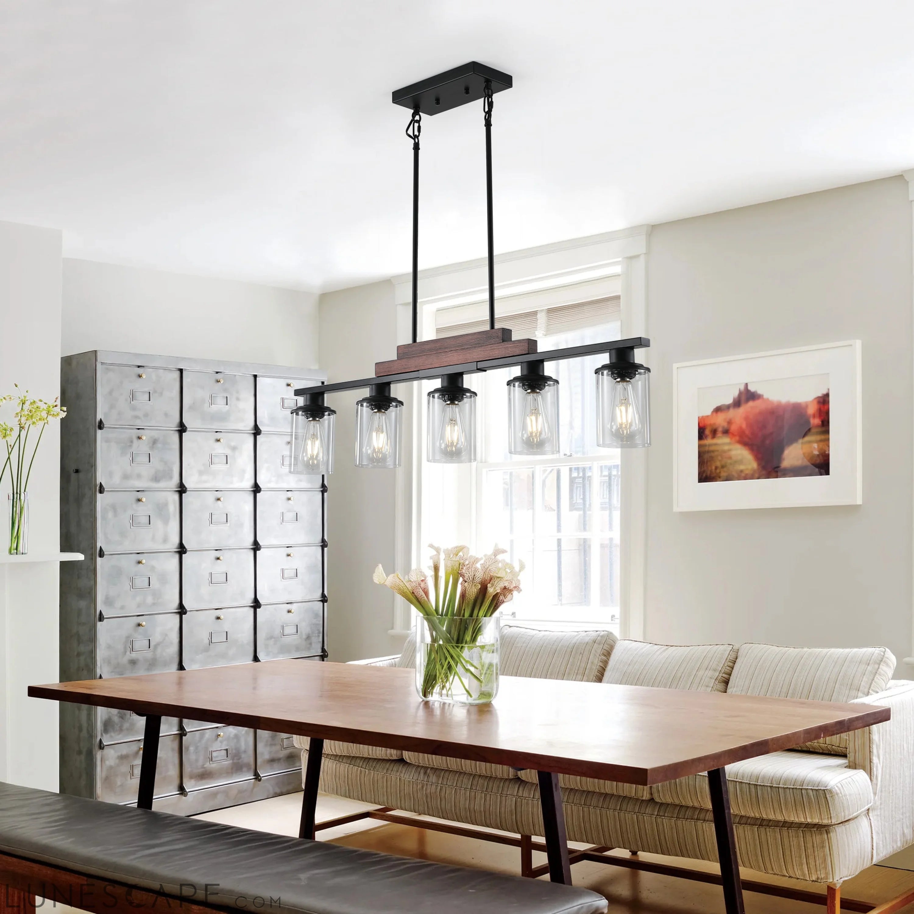 Farmhouse Industrial 5-Light Kitchen Island Pendant Light, Metal Wood LUNESCAPE