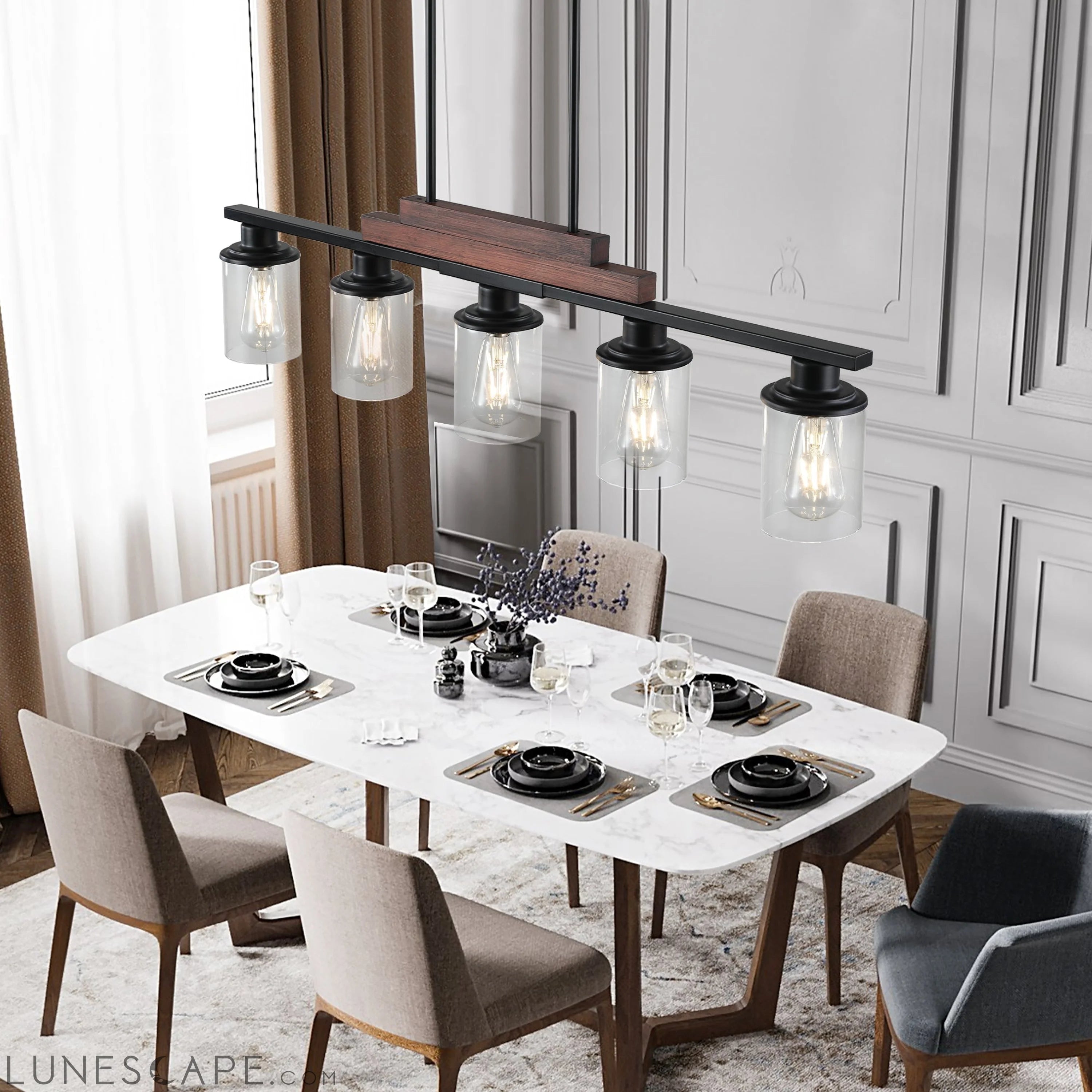 Farmhouse Industrial 5-Light Kitchen Island Pendant Light, Metal Wood LUNESCAPE