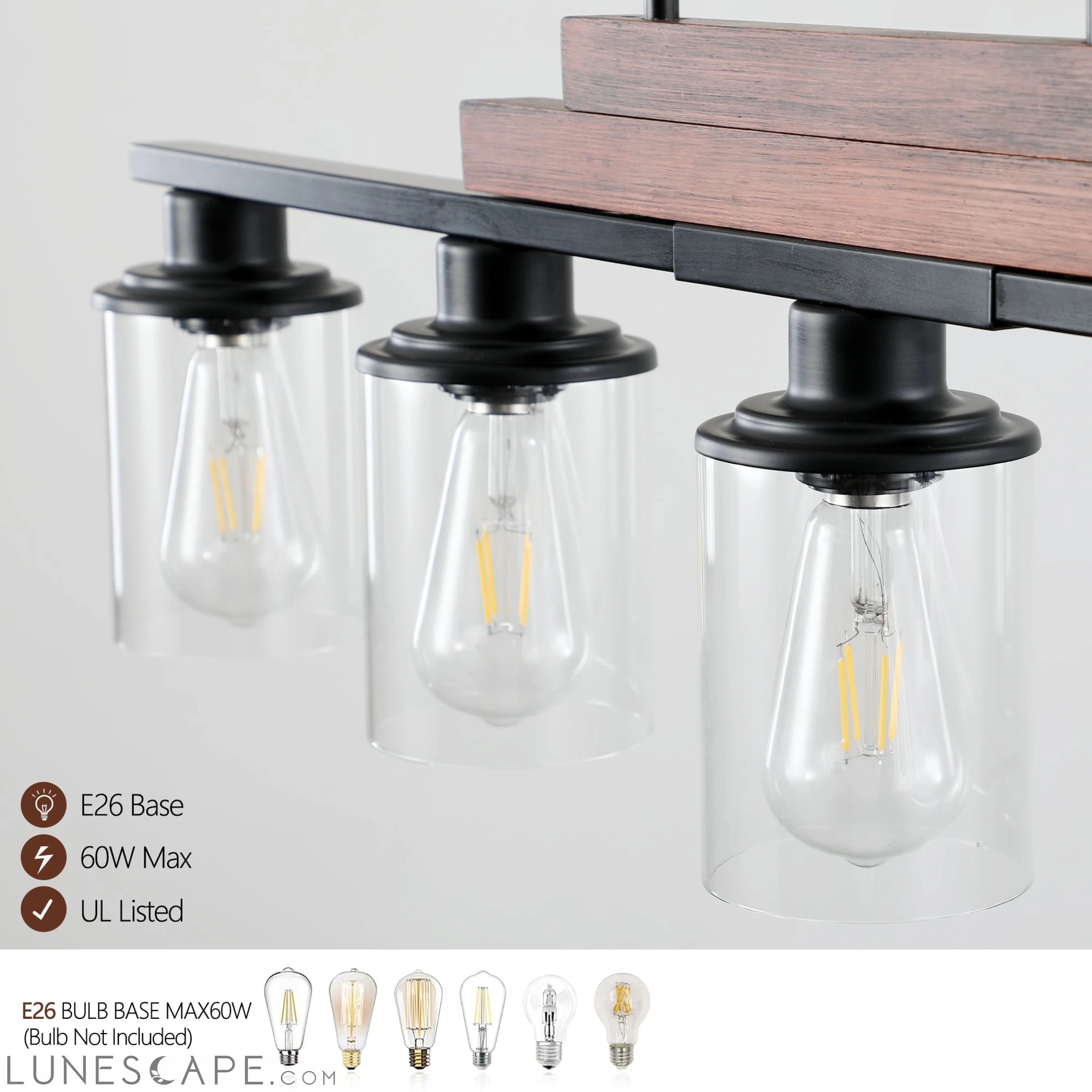 Farmhouse Industrial 5-Light Kitchen Island Pendant Light, Metal Wood LUNESCAPE