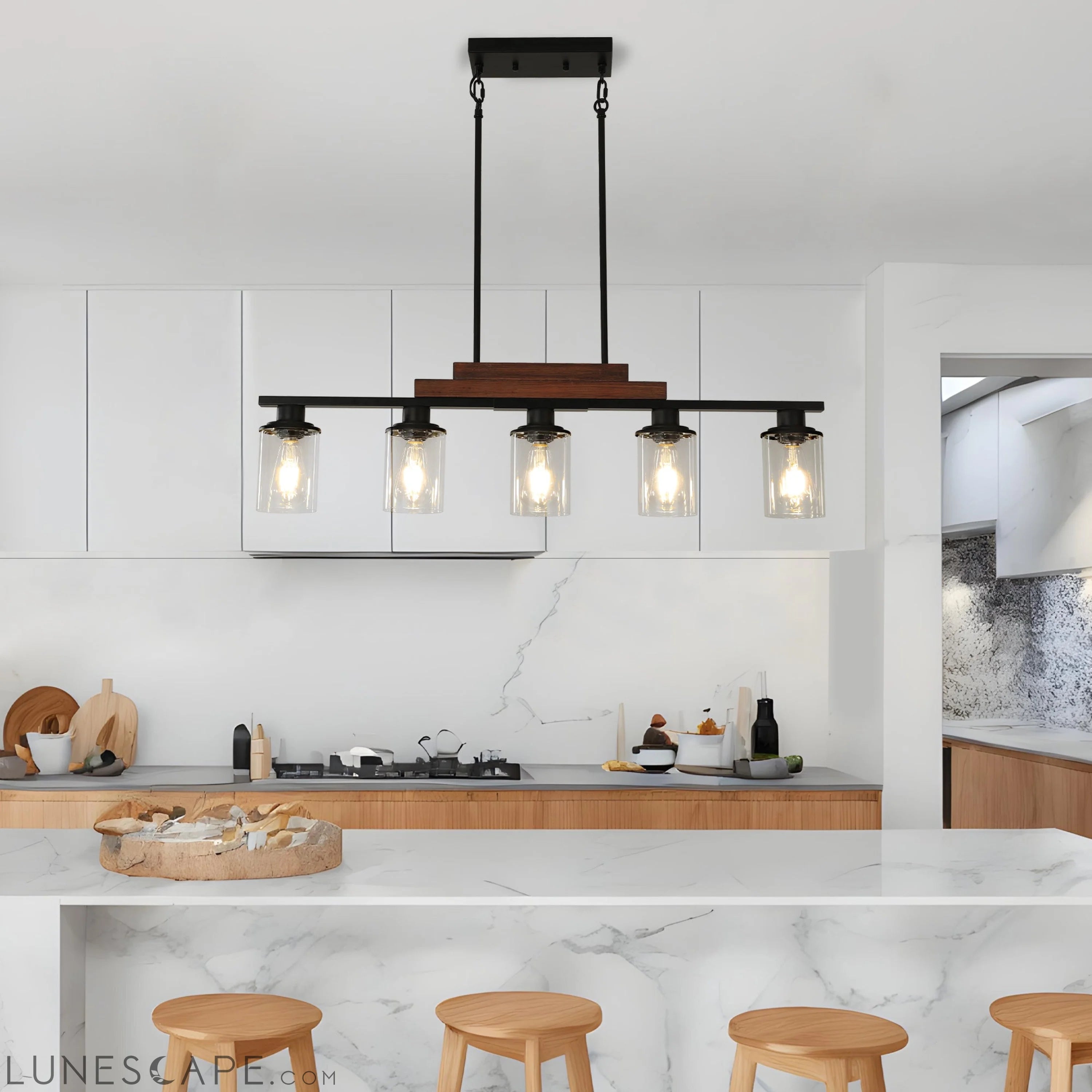 Farmhouse Industrial 5-Light Kitchen Island Pendant Light, Metal Wood LUNESCAPE