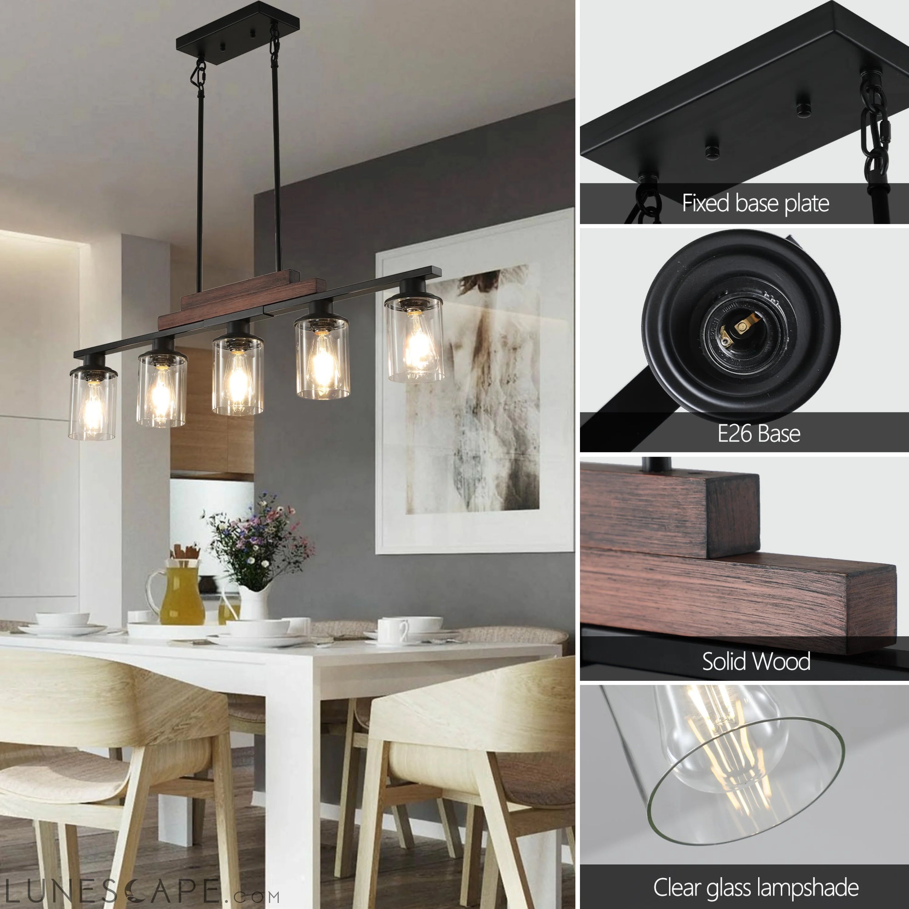 Farmhouse Industrial 5-Light Kitchen Island Pendant Light, Metal Wood LUNESCAPE