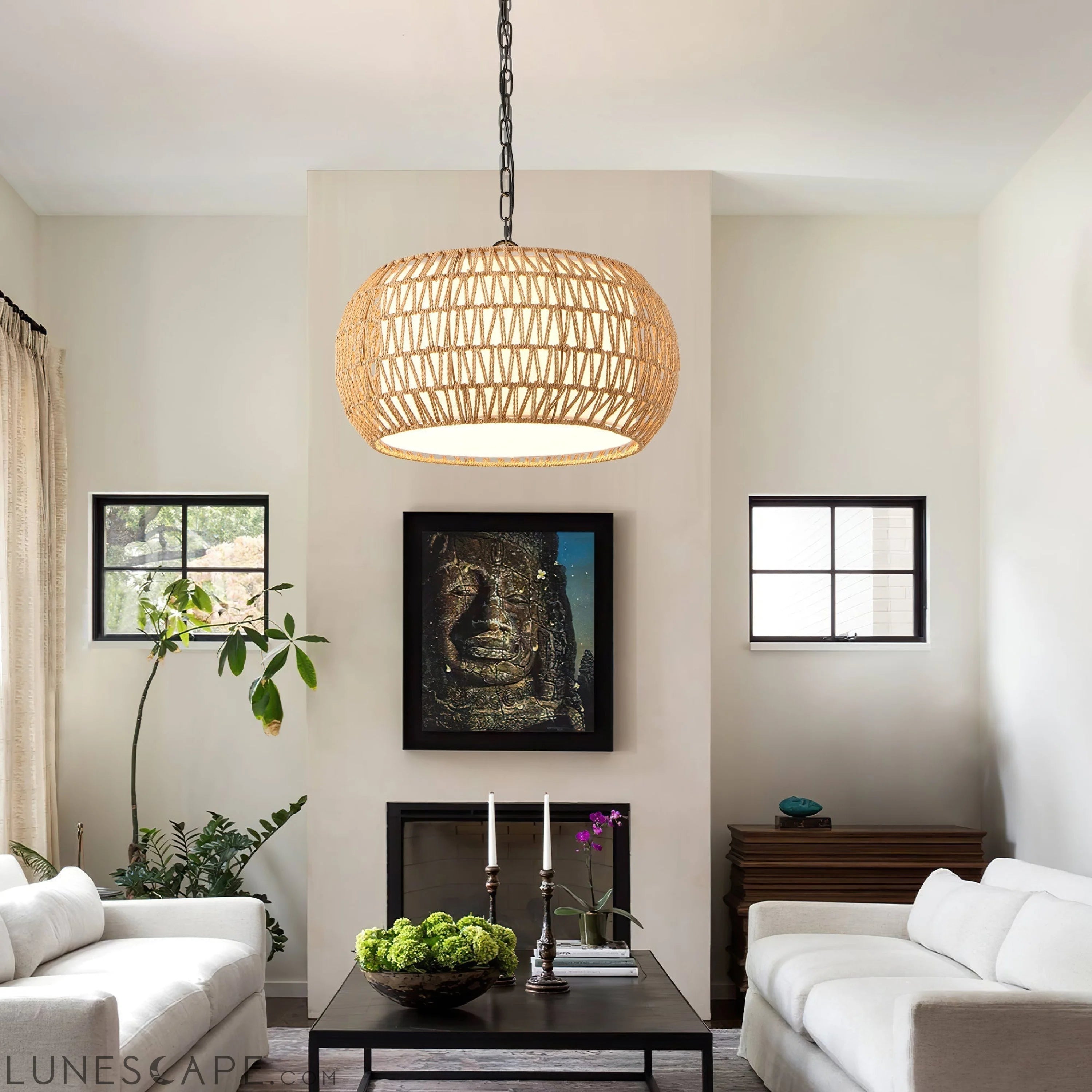 Farmhouse Pendant Light with Adjustable Height, Boho Woven Jute Rope LUNESCAPE