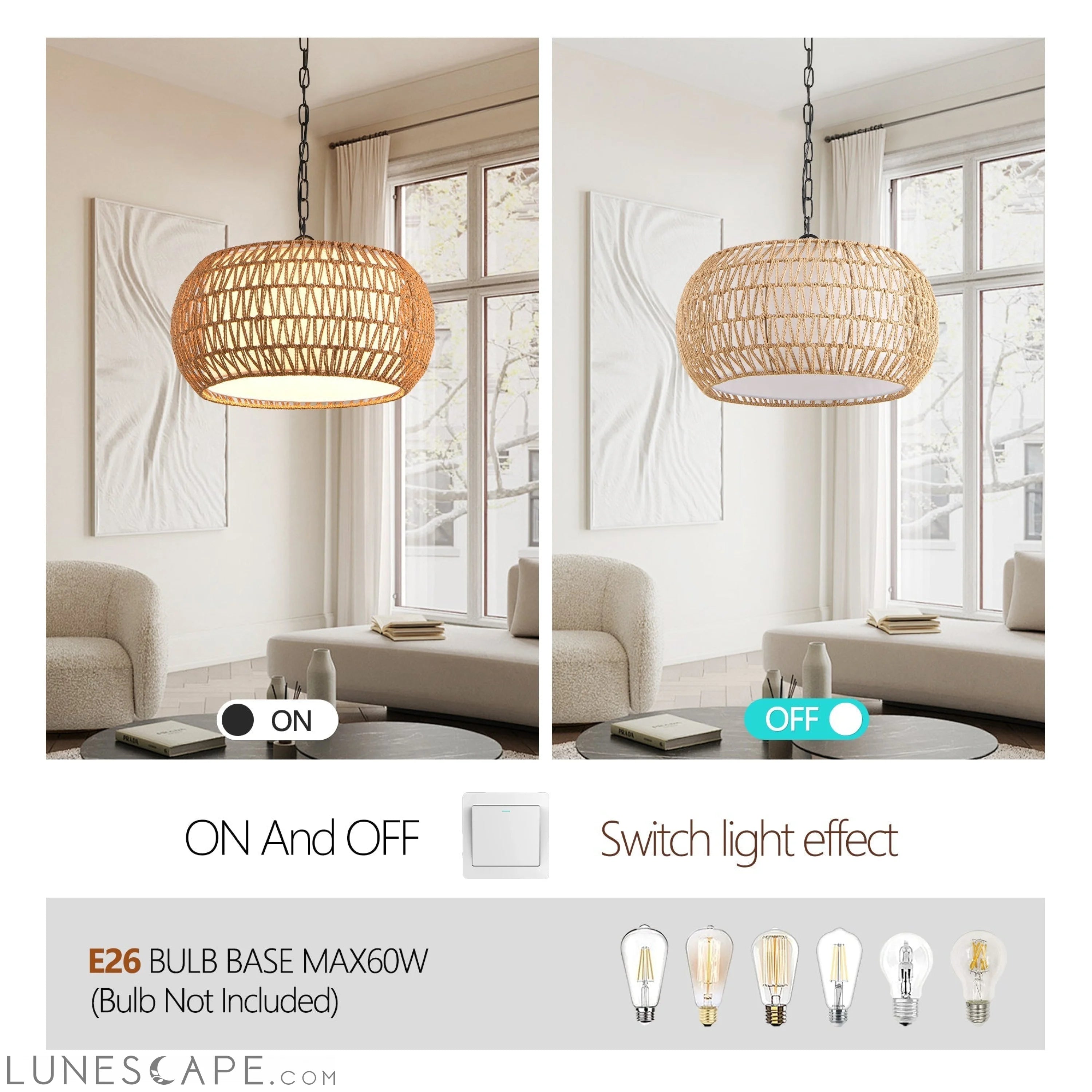 Farmhouse Pendant Light with Adjustable Height, Boho Woven Jute Rope LUNESCAPE
