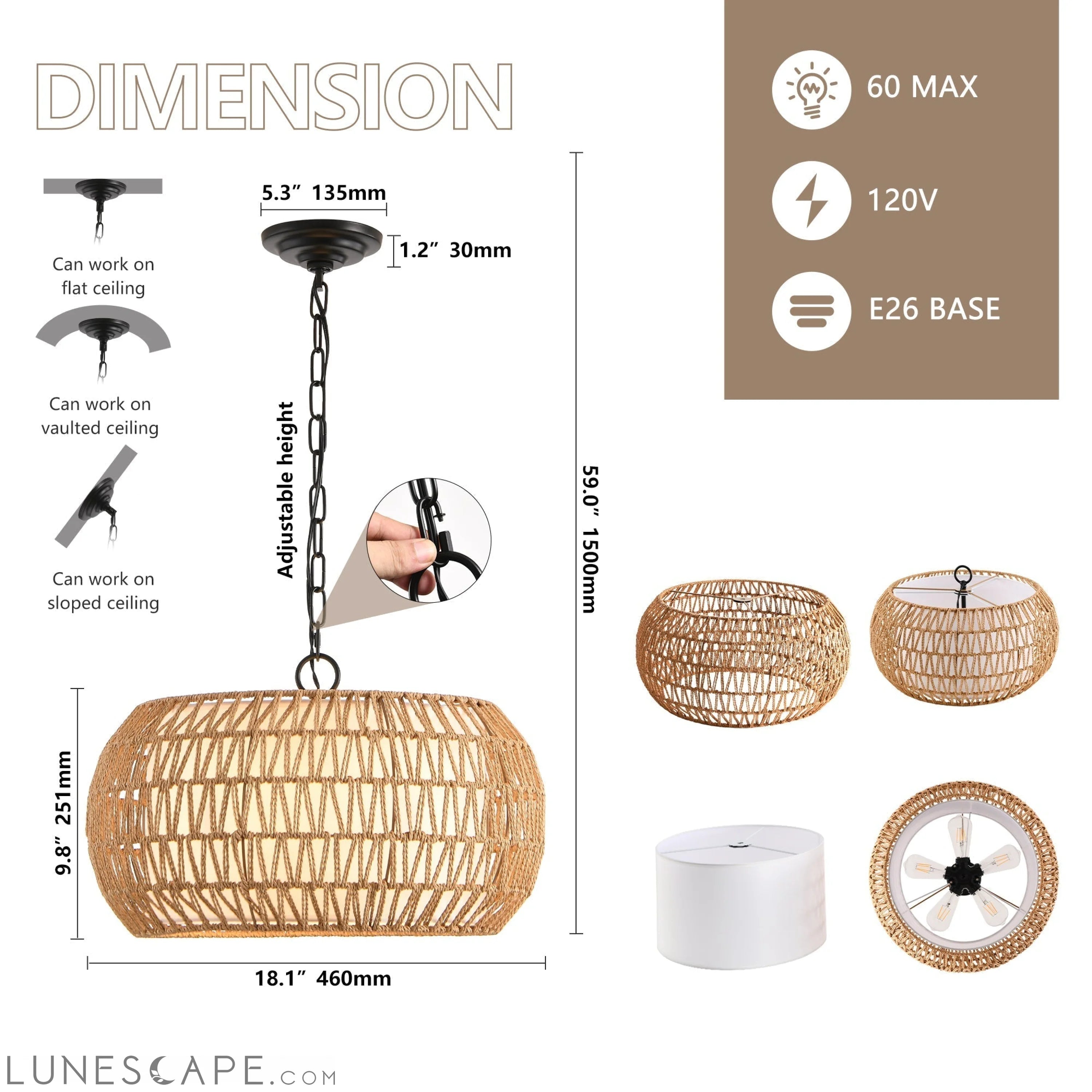 Farmhouse Pendant Light with Adjustable Height, Boho Woven Jute Rope LUNESCAPE
