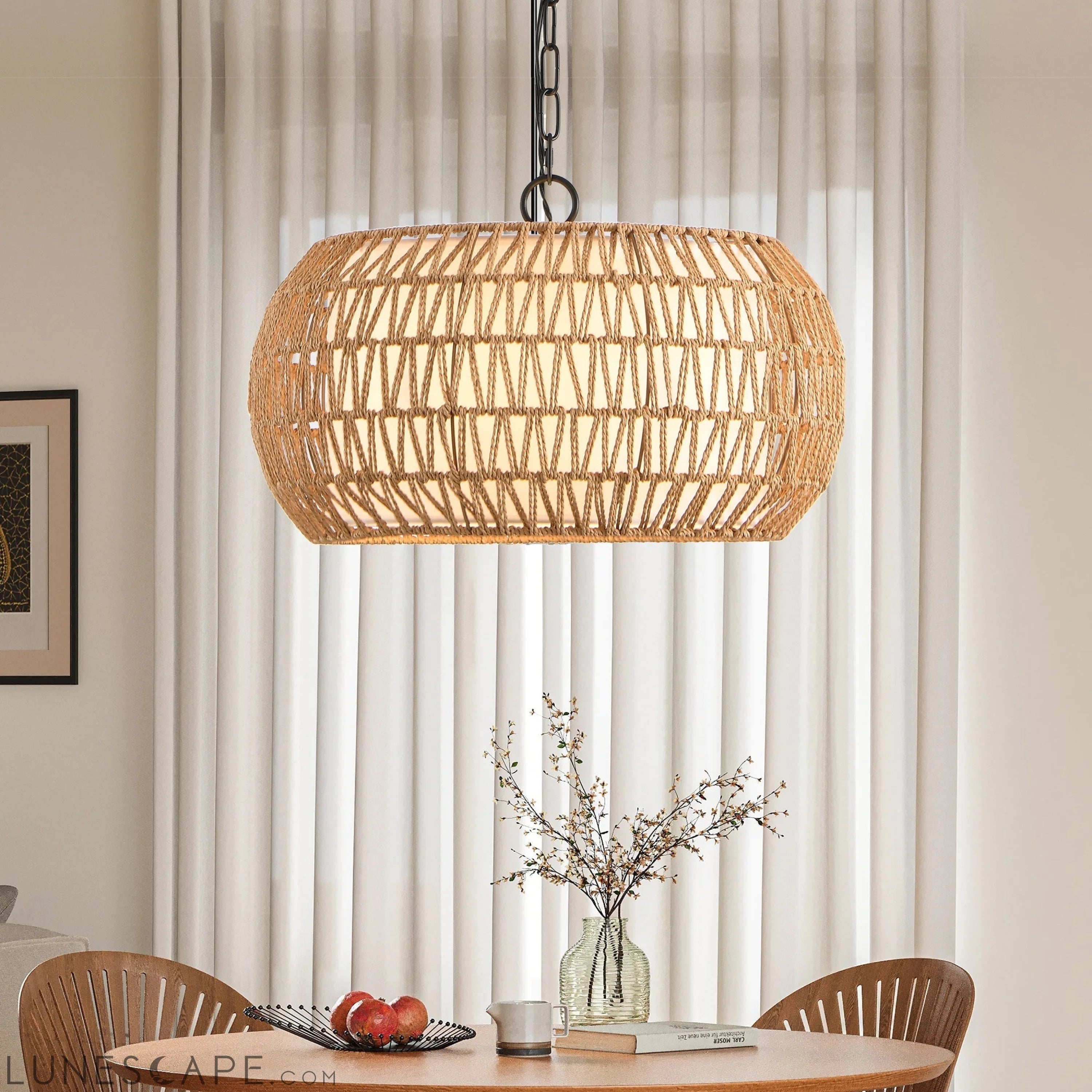 Farmhouse Pendant Light with Adjustable Height, Boho Woven Jute Rope LUNESCAPE