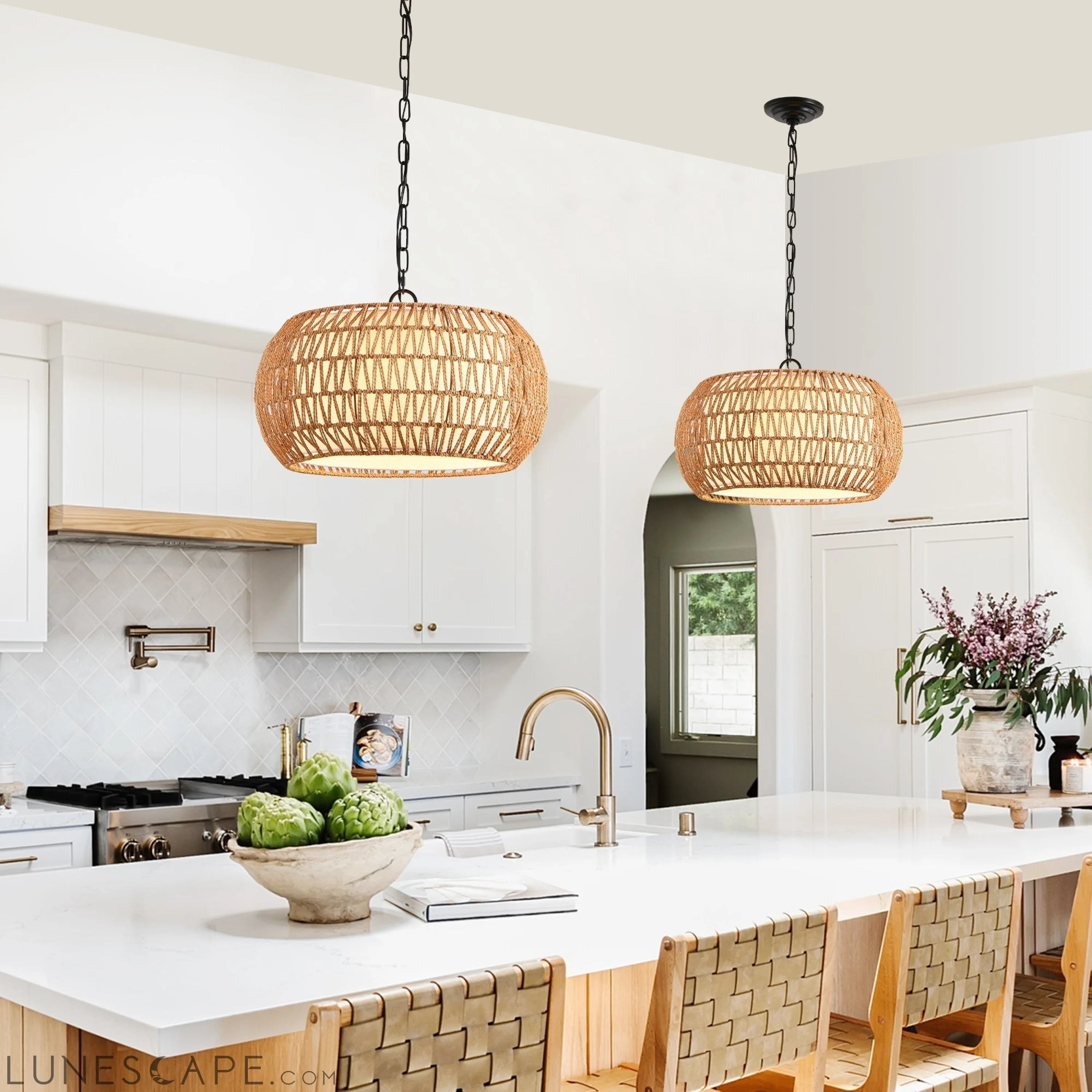 Farmhouse Pendant Light with Adjustable Height, Boho Woven Jute Rope LUNESCAPE