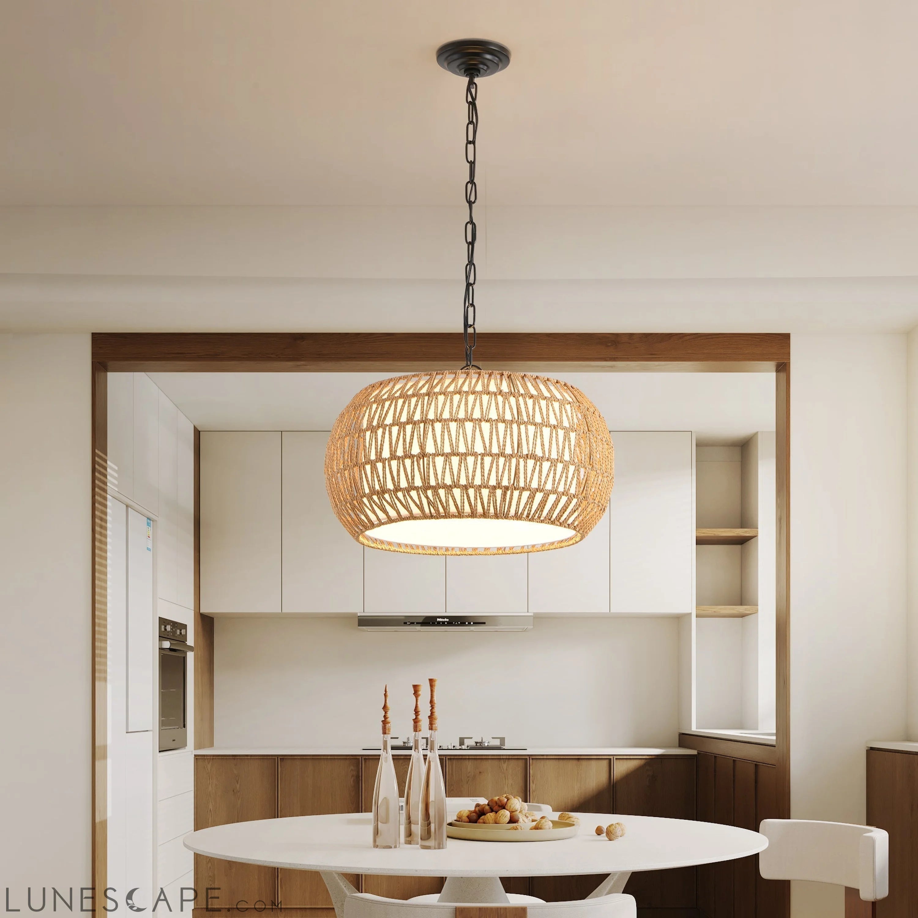 Farmhouse Pendant Light with Adjustable Height, Boho Woven Jute Rope LUNESCAPE
