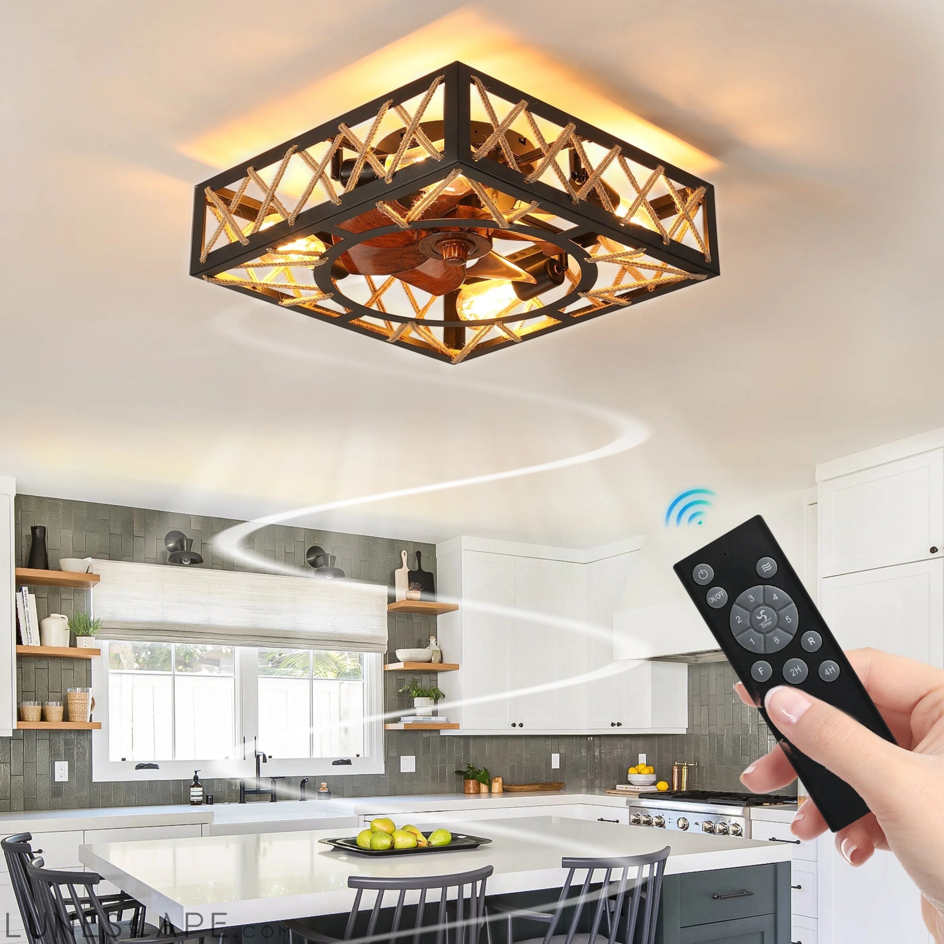 Farmhouse Rustic Ceiling Fan and Remote Control,Square Caged LUNESCAPE