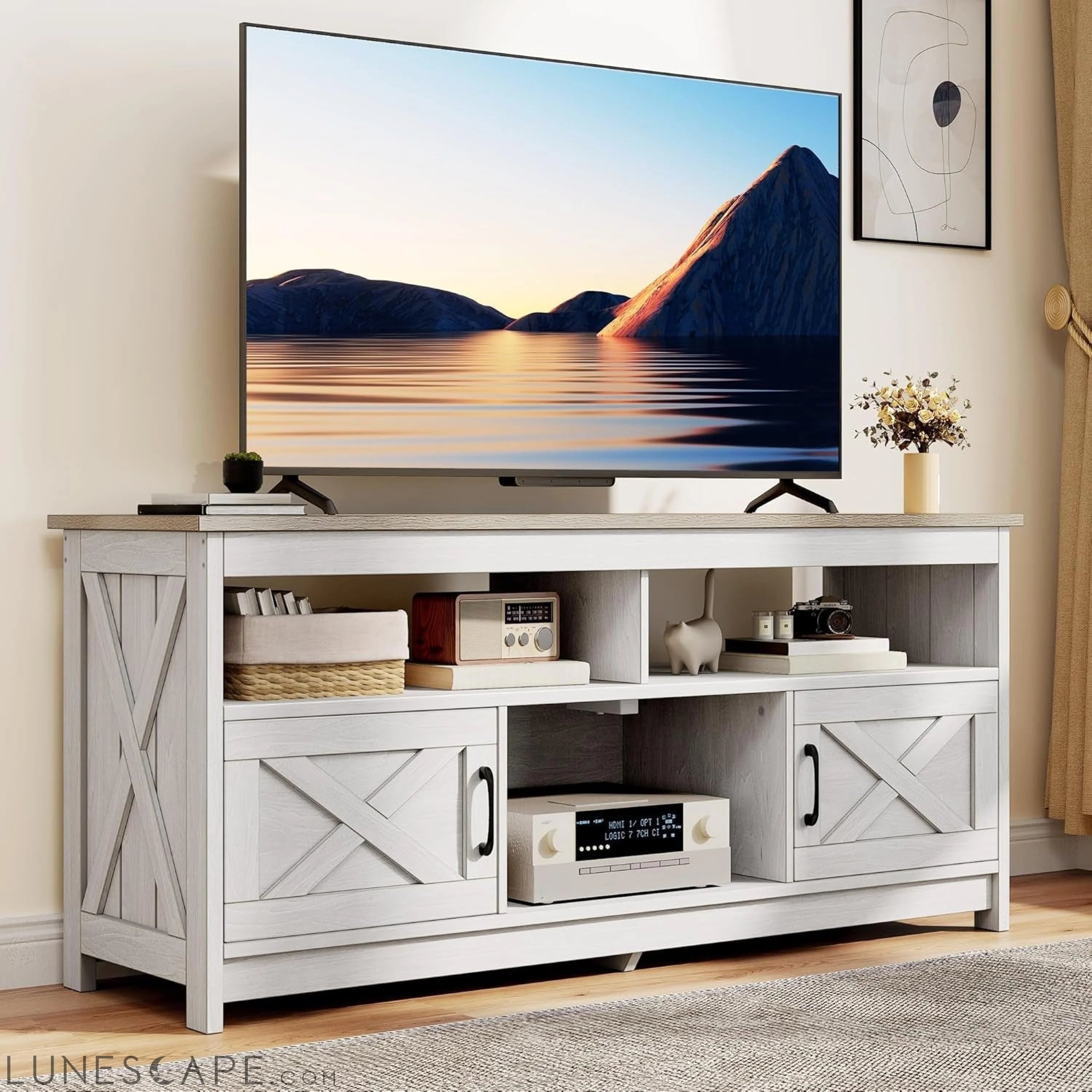 Farmhouse TV Stand for Television up to 65 Inch, Entertainment Center LUNESCAPE