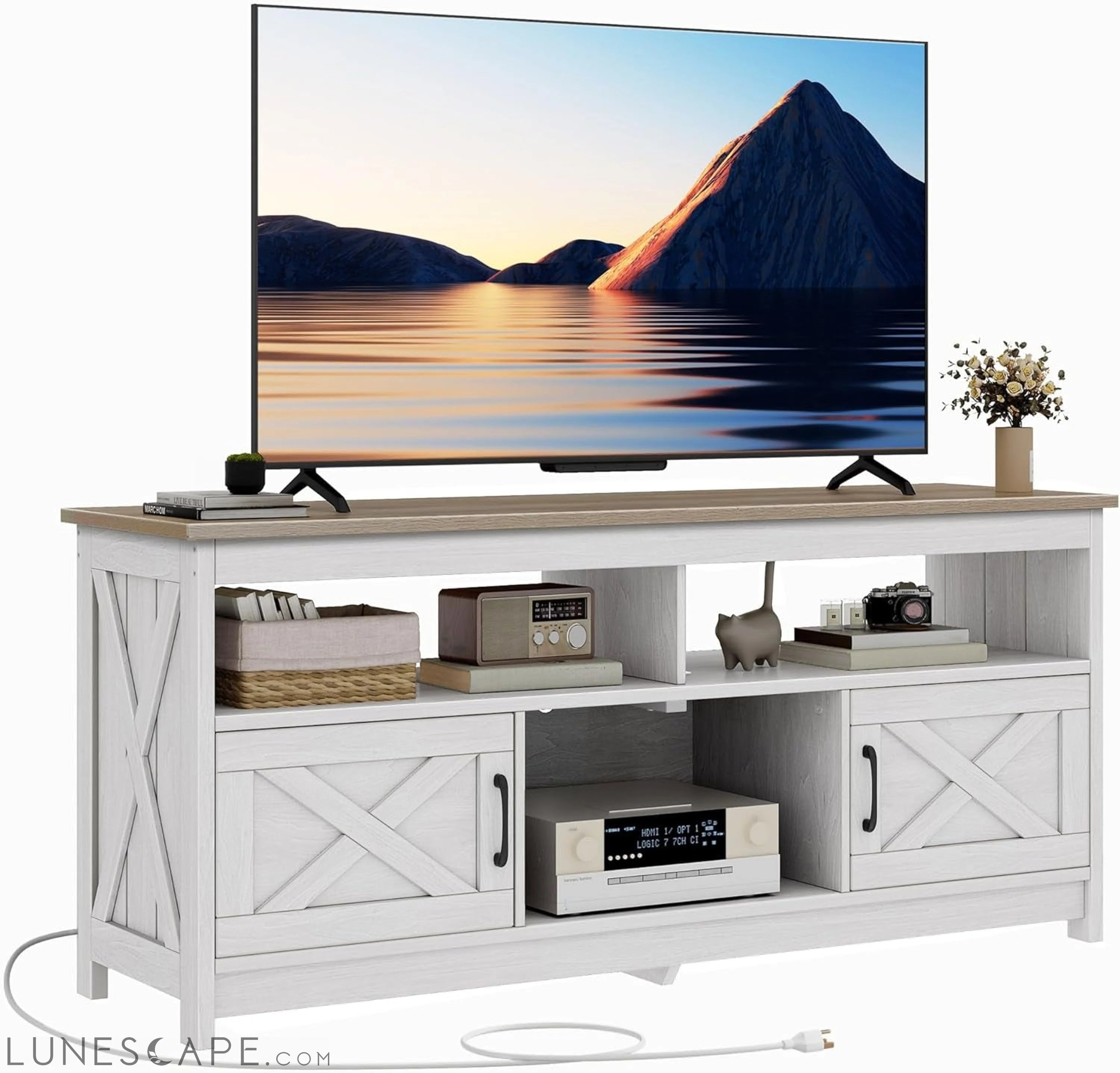 Farmhouse TV Stand for Television up to 65 Inch, Entertainment Center LUNESCAPE