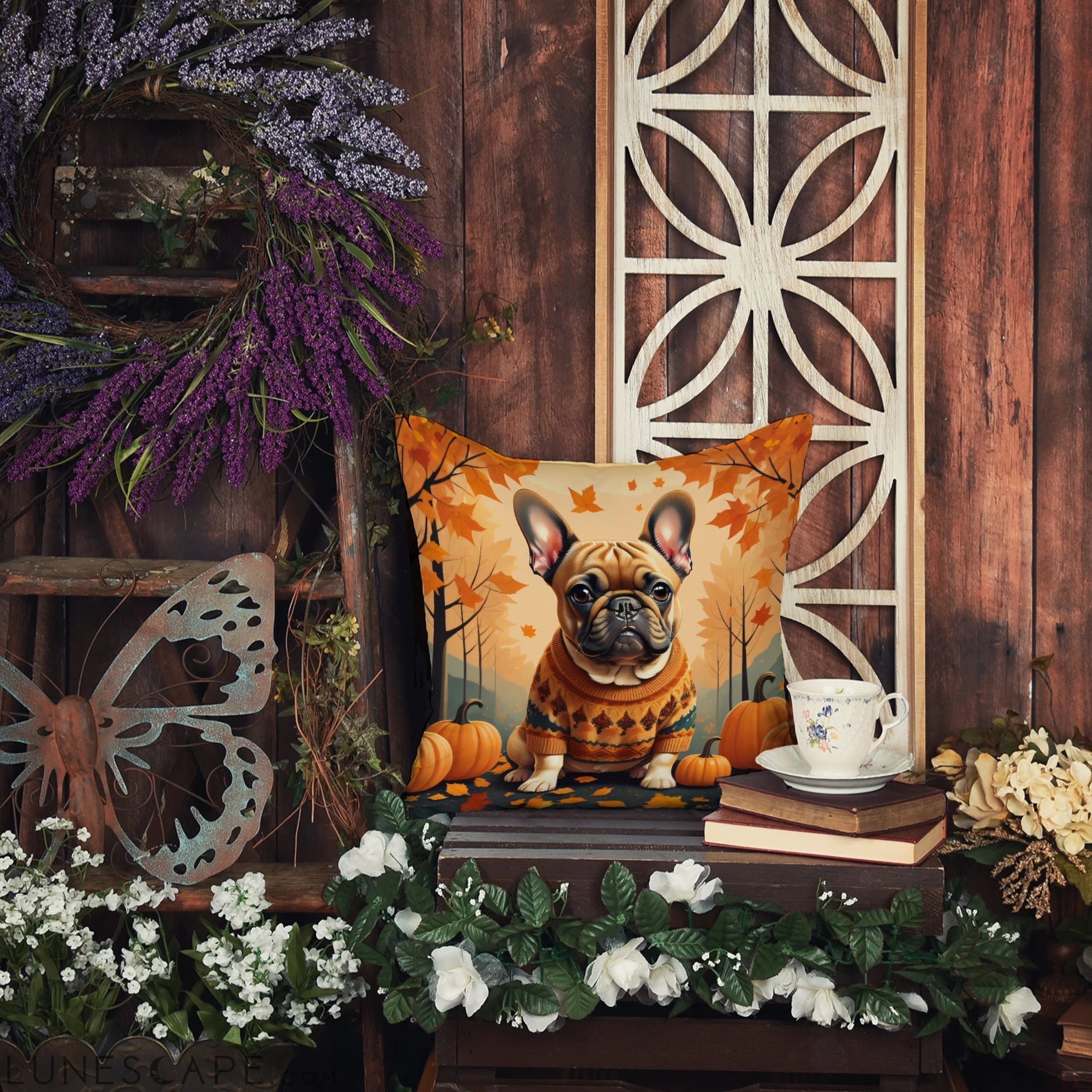 Fawn French Bulldog Fall Throw Pillow LUNESCAPE